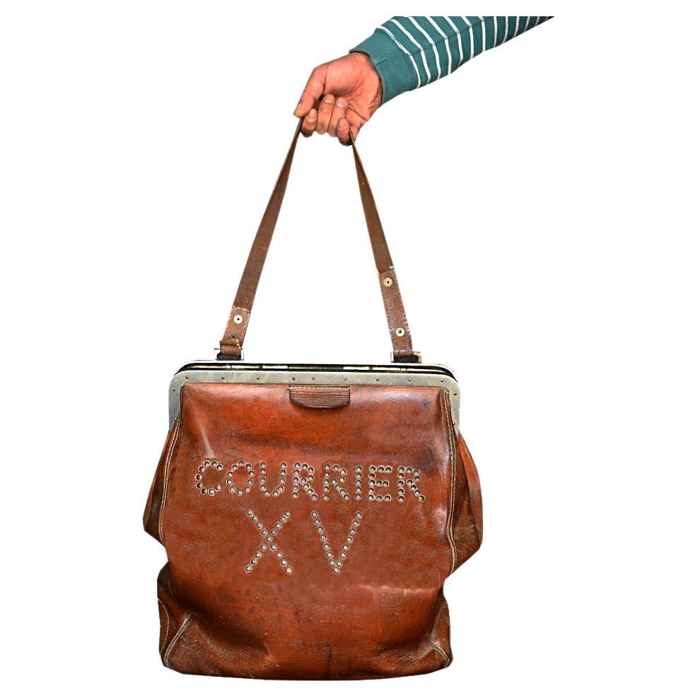 Mid-20th Century French Money Couriers Leather and Brass Carrying Bag For Sale