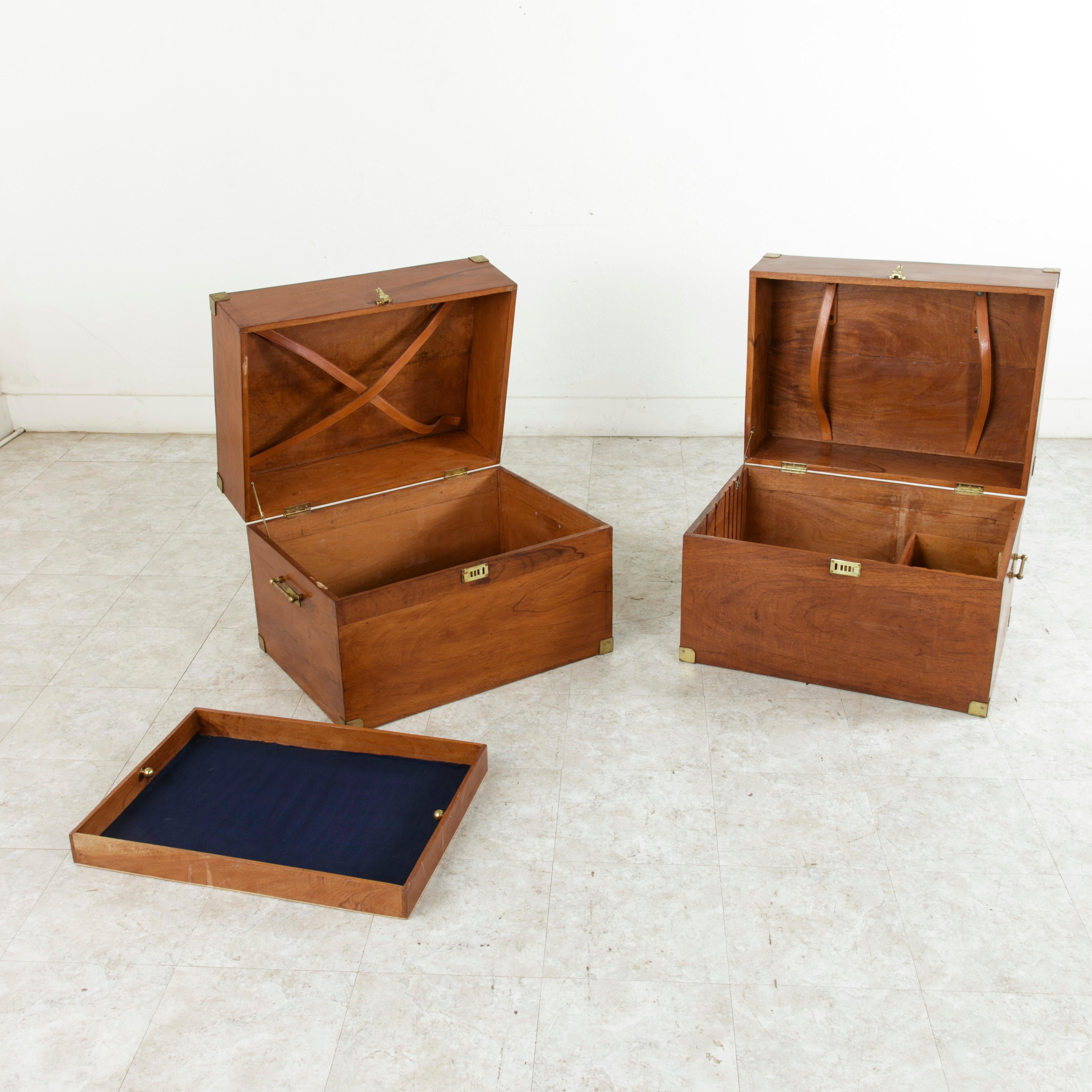 Mid-20th Century French Naval Officer's Mahogany Traveling Trunks, Side Tables 7