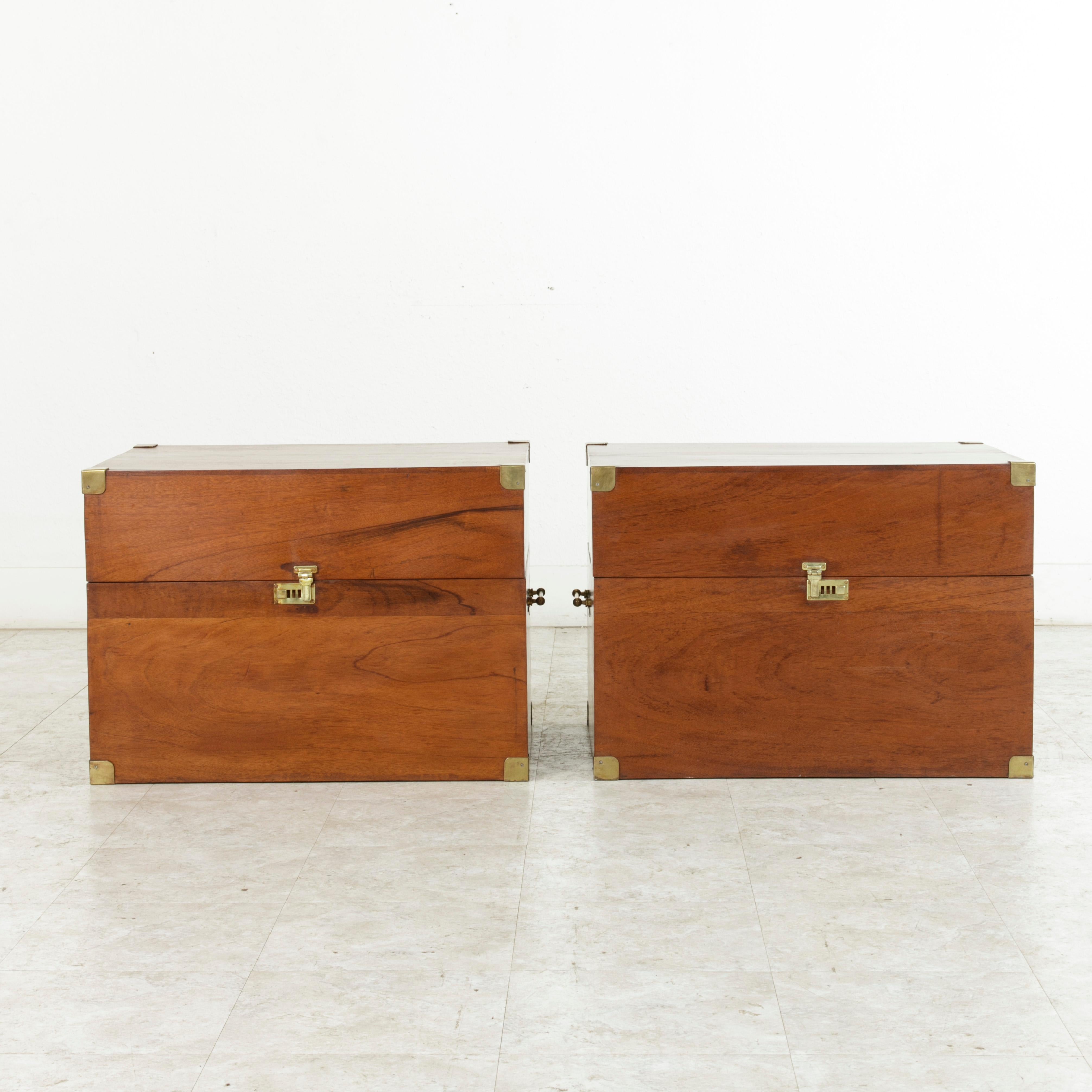 Mid-20th Century French Naval Officer's Mahogany Traveling Trunks, Side Tables In Good Condition In Fayetteville, AR