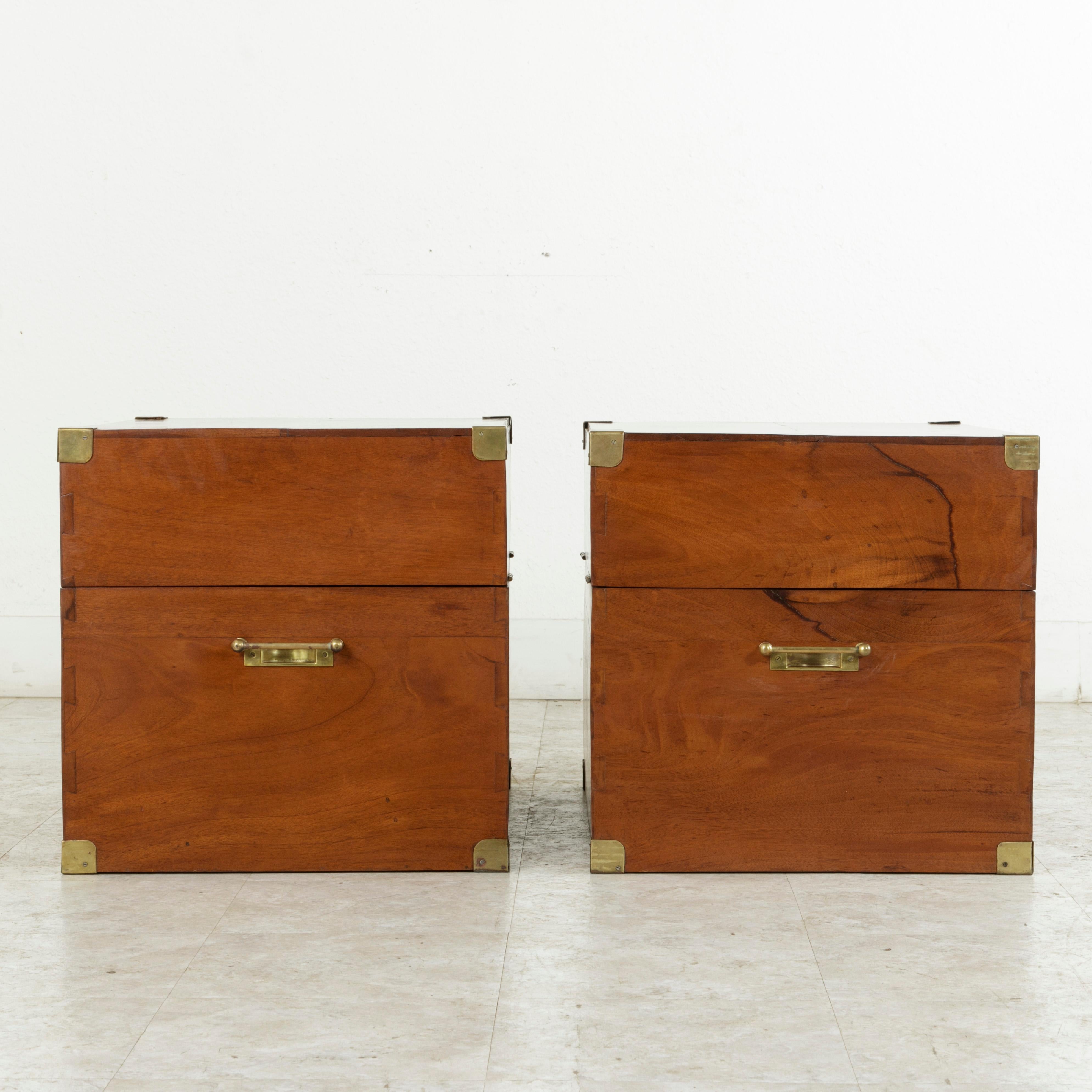 Brass Mid-20th Century French Naval Officer's Mahogany Traveling Trunks, Side Tables
