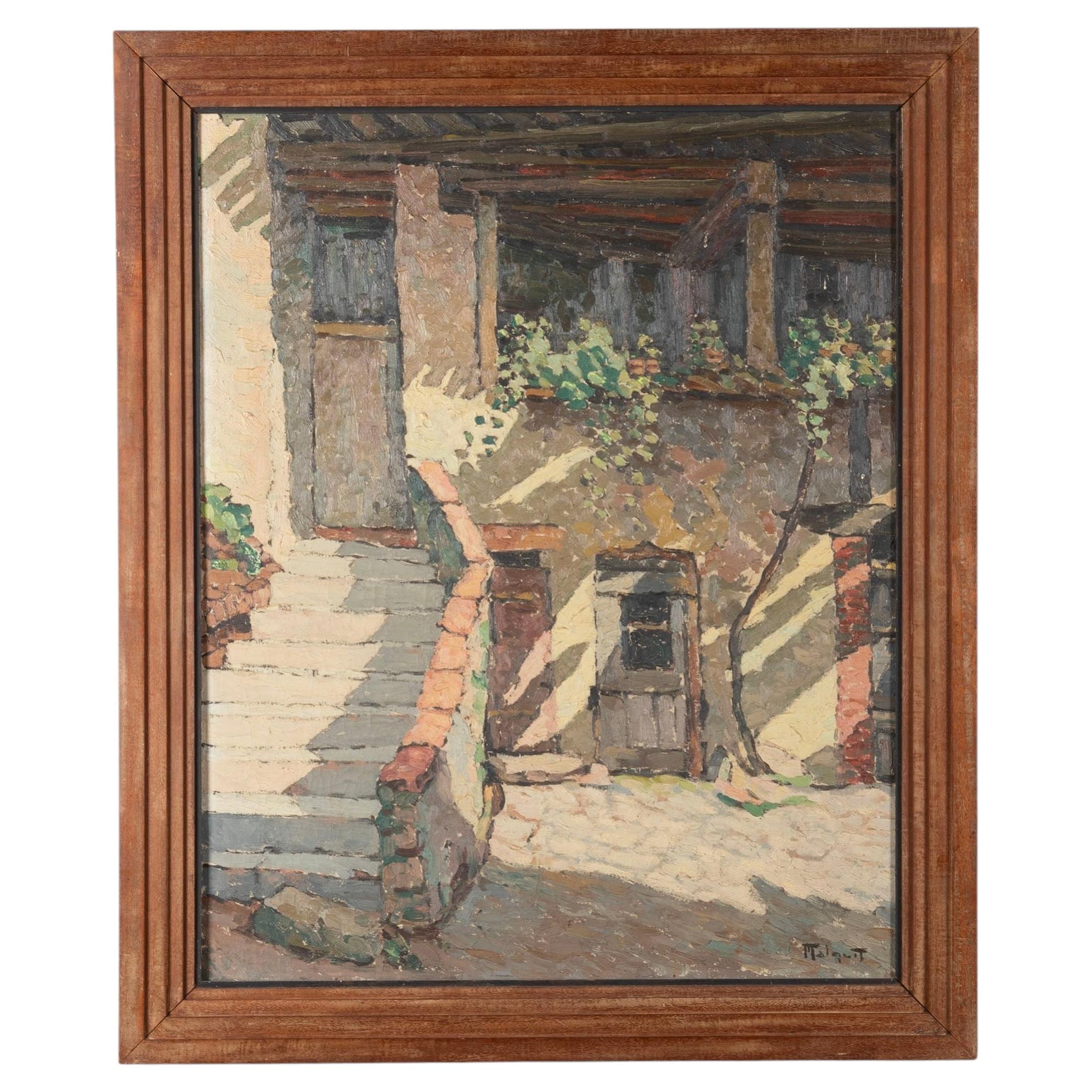 Mid-20th Century French Oil on Canvas Painting 'Courtyard with Steps'