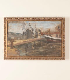 Mid-20th Century French Oil on Canvas Painting of a Harbour Scene with Fishing B