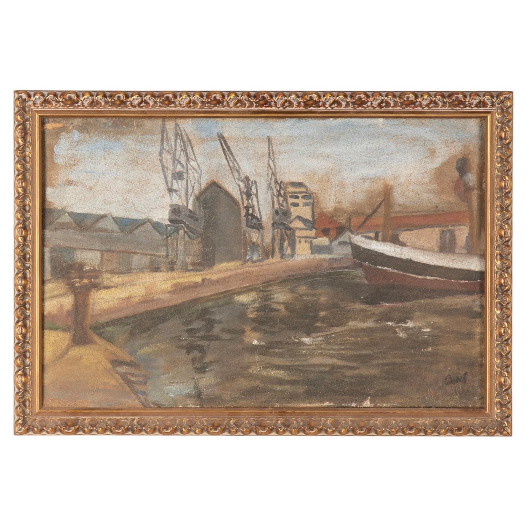 Mid-20th Century French Oil on Canvas Painting of a Harbour Scene with Fishing B