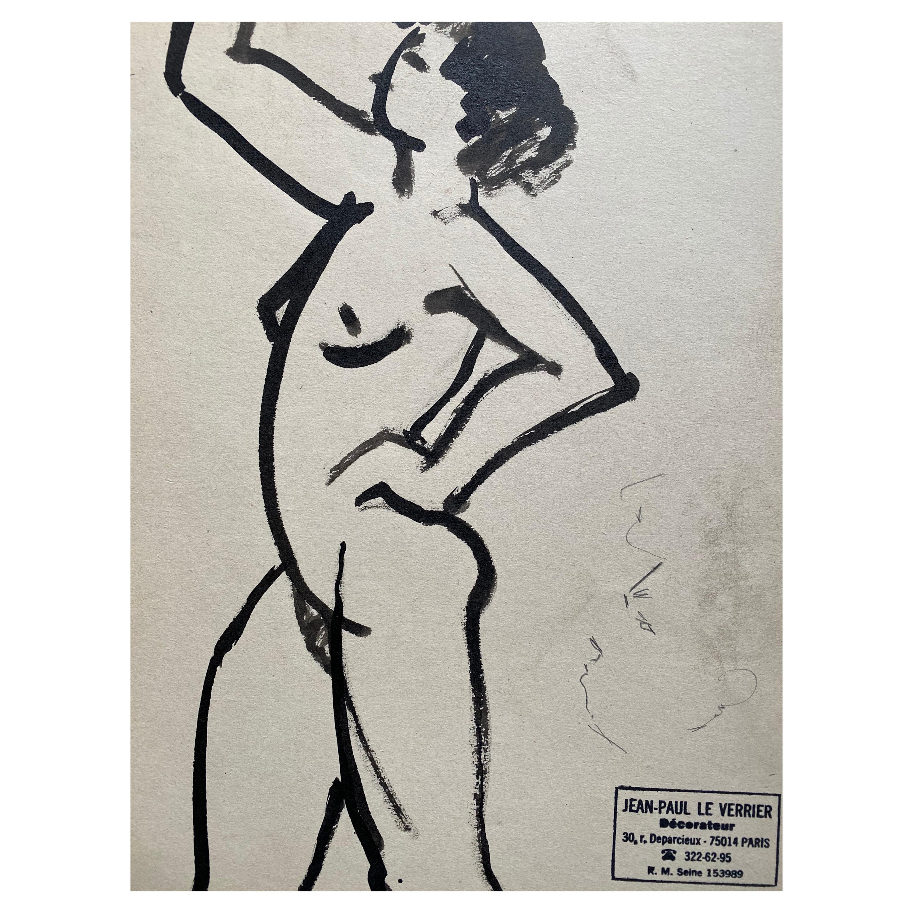 Squisse de dessin au trait d'origine française du milieu du 20e siècle représentant une femme nue - estampillée