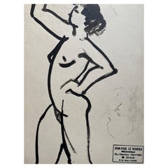 Mitte des 20. Jahrhunderts Französische Original Linienzeichnungskizze Akt weiblicher Akt - gestempelt