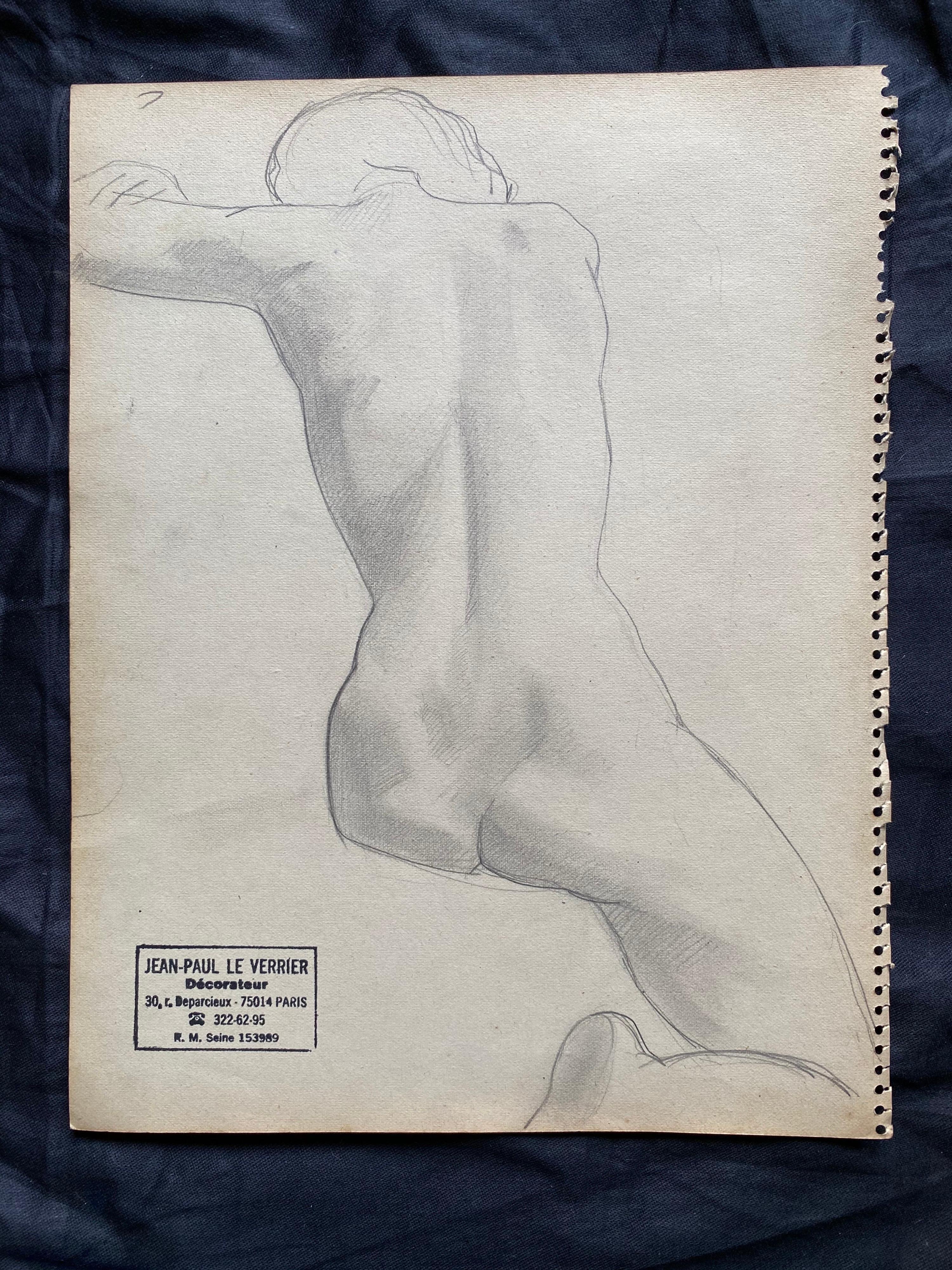 Mediados del siglo XX French mid 20th Original Line Drawing Sketch Nude Lady, Stamped en Bueno estado para la venta en Cirencester, GB