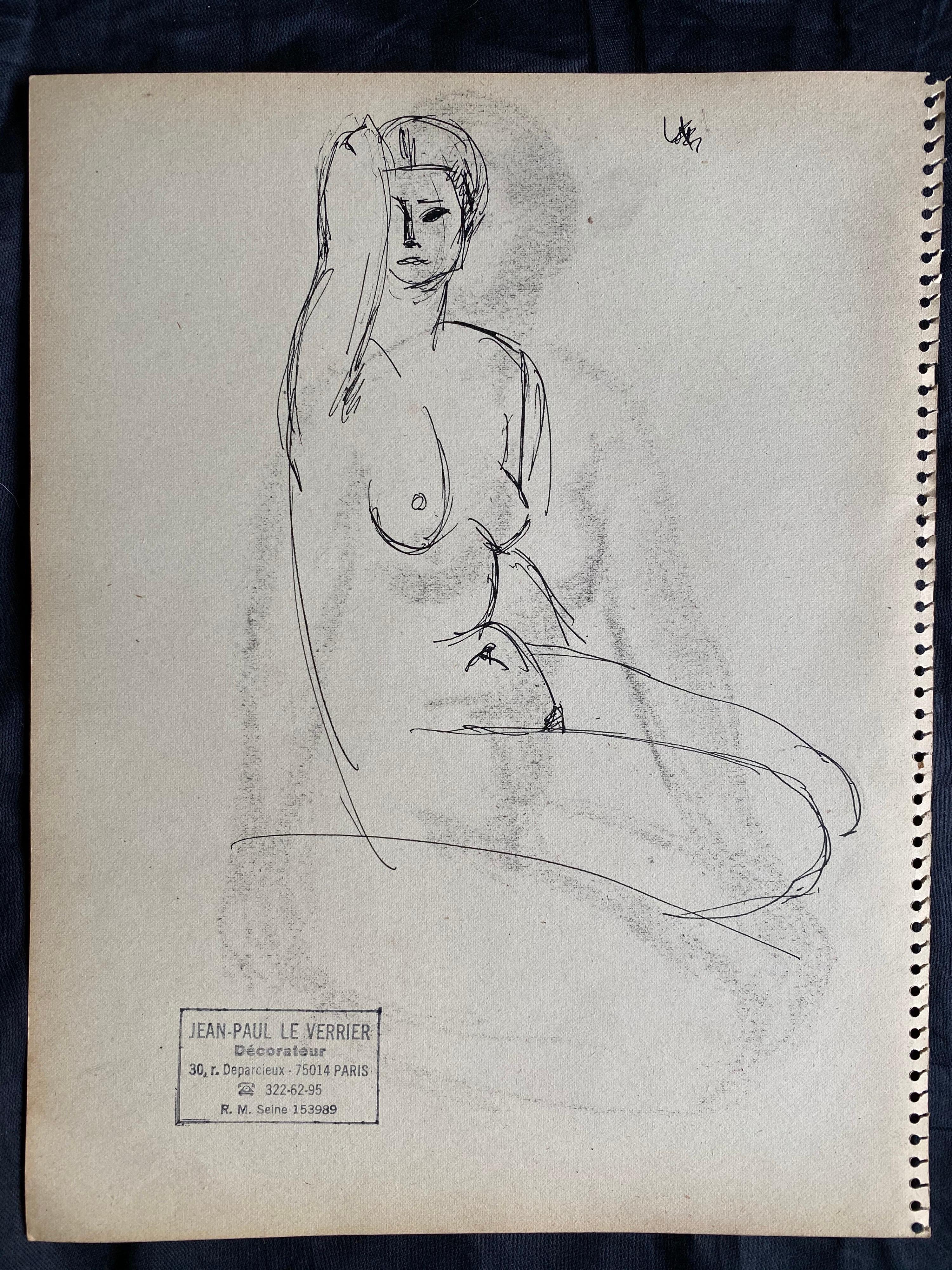 Mid 20th Century French Original Line Drawing Sketch Nude Lady - Stamped In Good Condition For Sale In Cirencester, GB