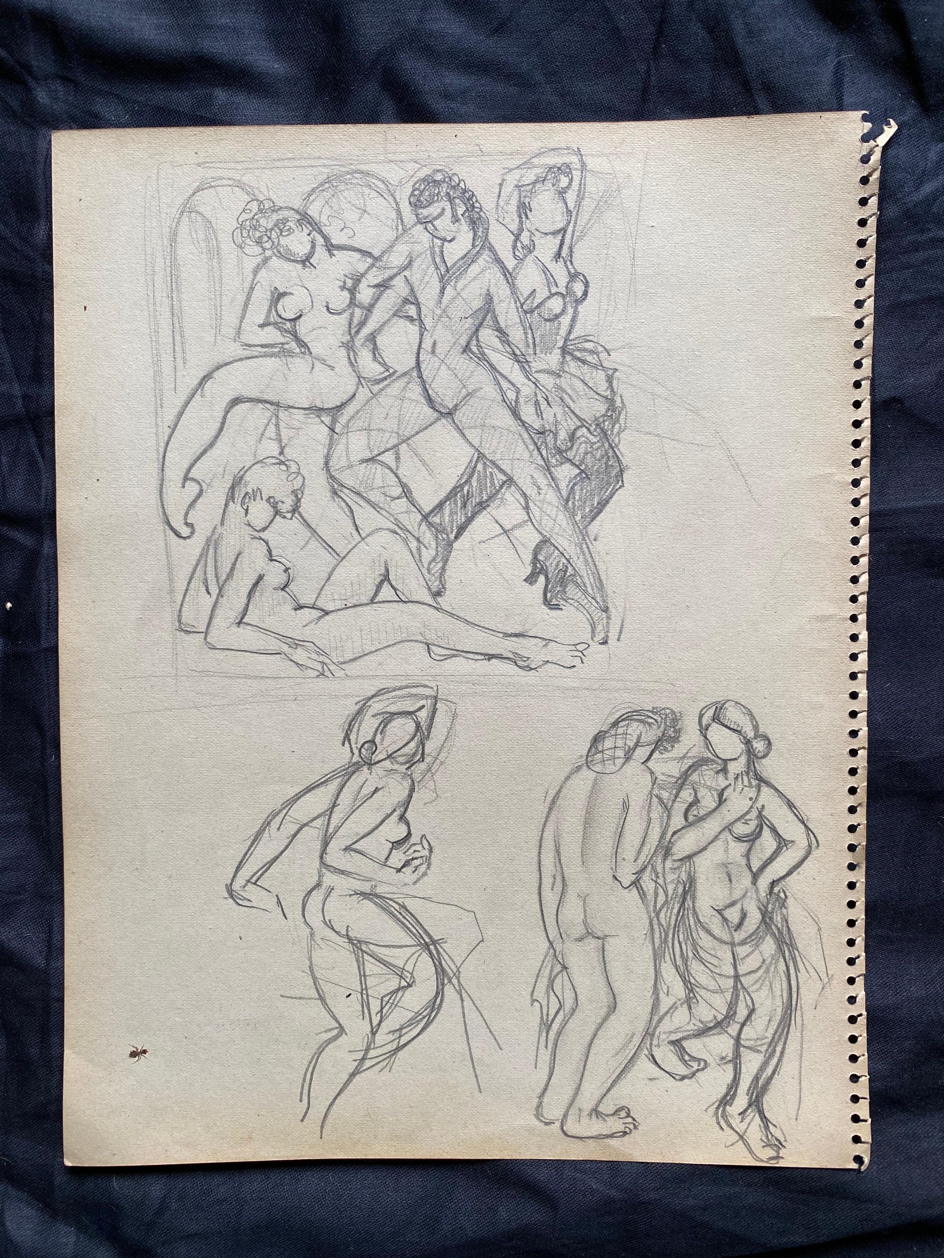 Mid 20th Century French Original Line Drawing Sketch Nude Lady - Stamped In Good Condition For Sale In Cirencester, GB