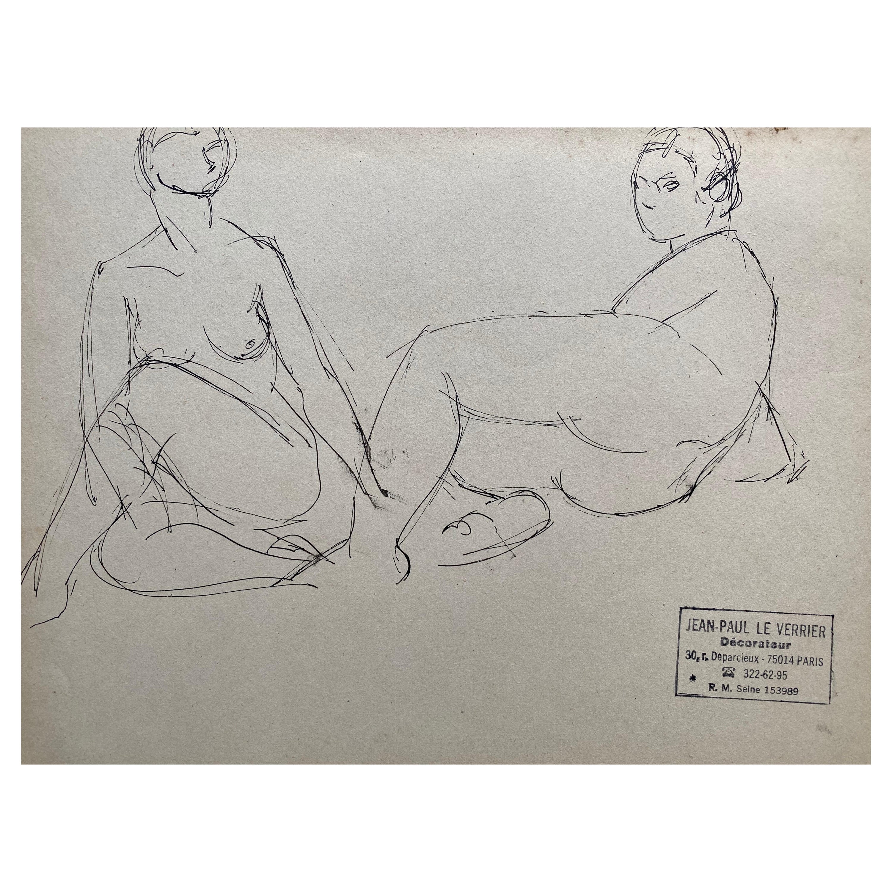 Il s'agit d'un croquis original de femme nue au dessin au trait, datant du milieu du 20e siècle, estampillé