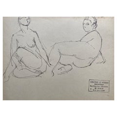 Mid 20th Century French Original Line Drawing Sketch Nude Lady - Stamped