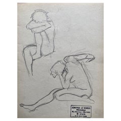 Mid 20th Century French Original Line Drawing Sketch Nude Lady - Stamped