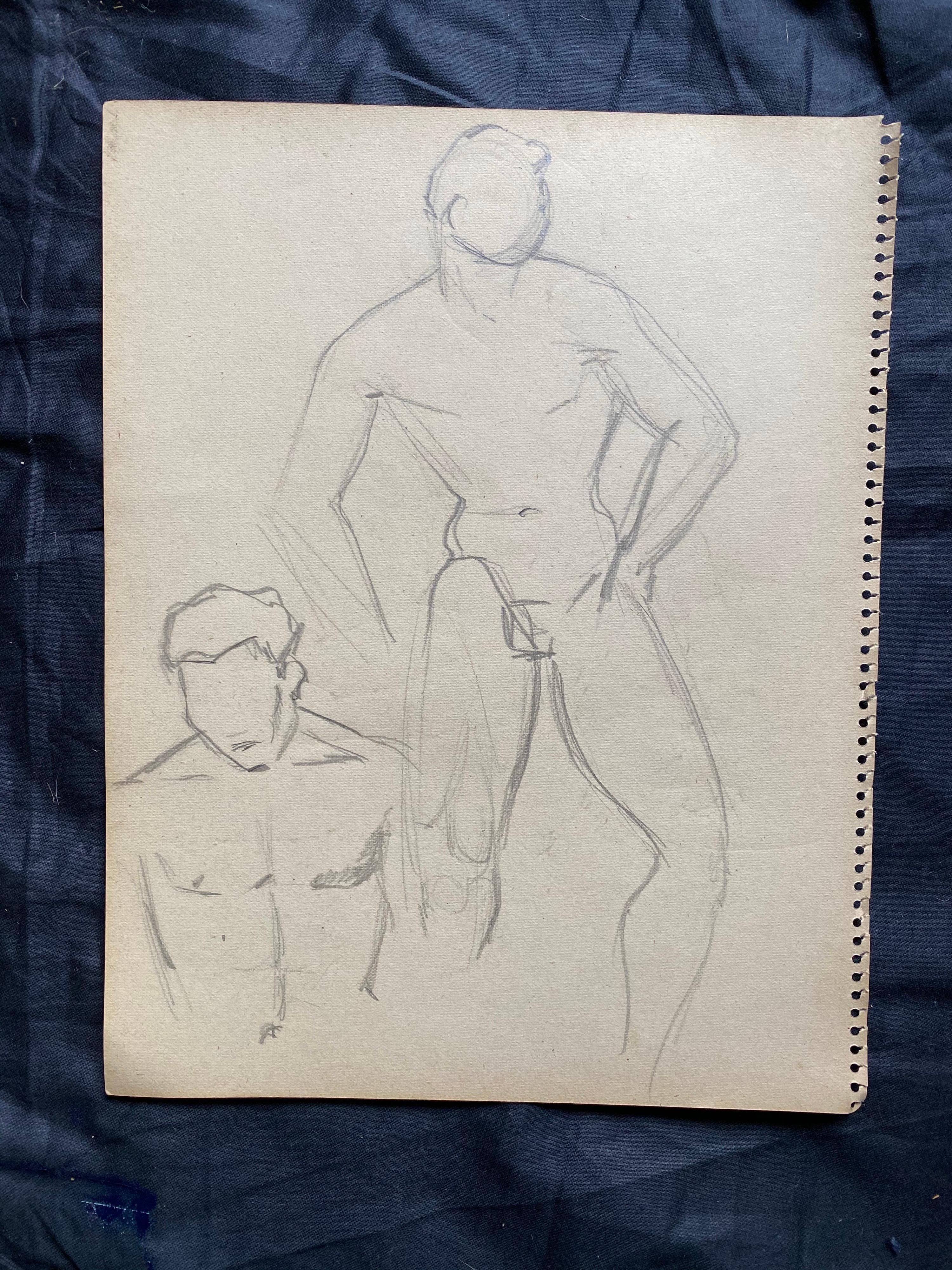 Mid 20th Century French Original Line Drawing Sketch Nude Male - Stamped In Good Condition For Sale In Cirencester, GB