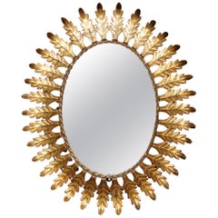 Mid-20th Century French Oval Gilt Metal Sunburst Mirror