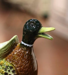 Mid-20th Century French Painted Barbotine Ceramic Duck Pitcher