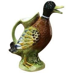 Retro Mid-20th Century French Painted Barbotine Ceramic Duck Pitcher