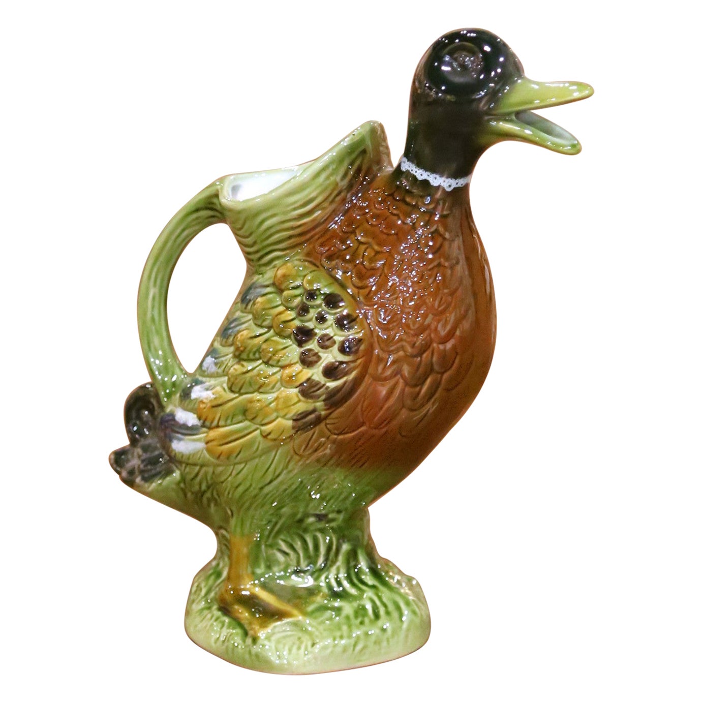 Mid-20th Century French Painted Barbotine Ceramic Duck Pitcher