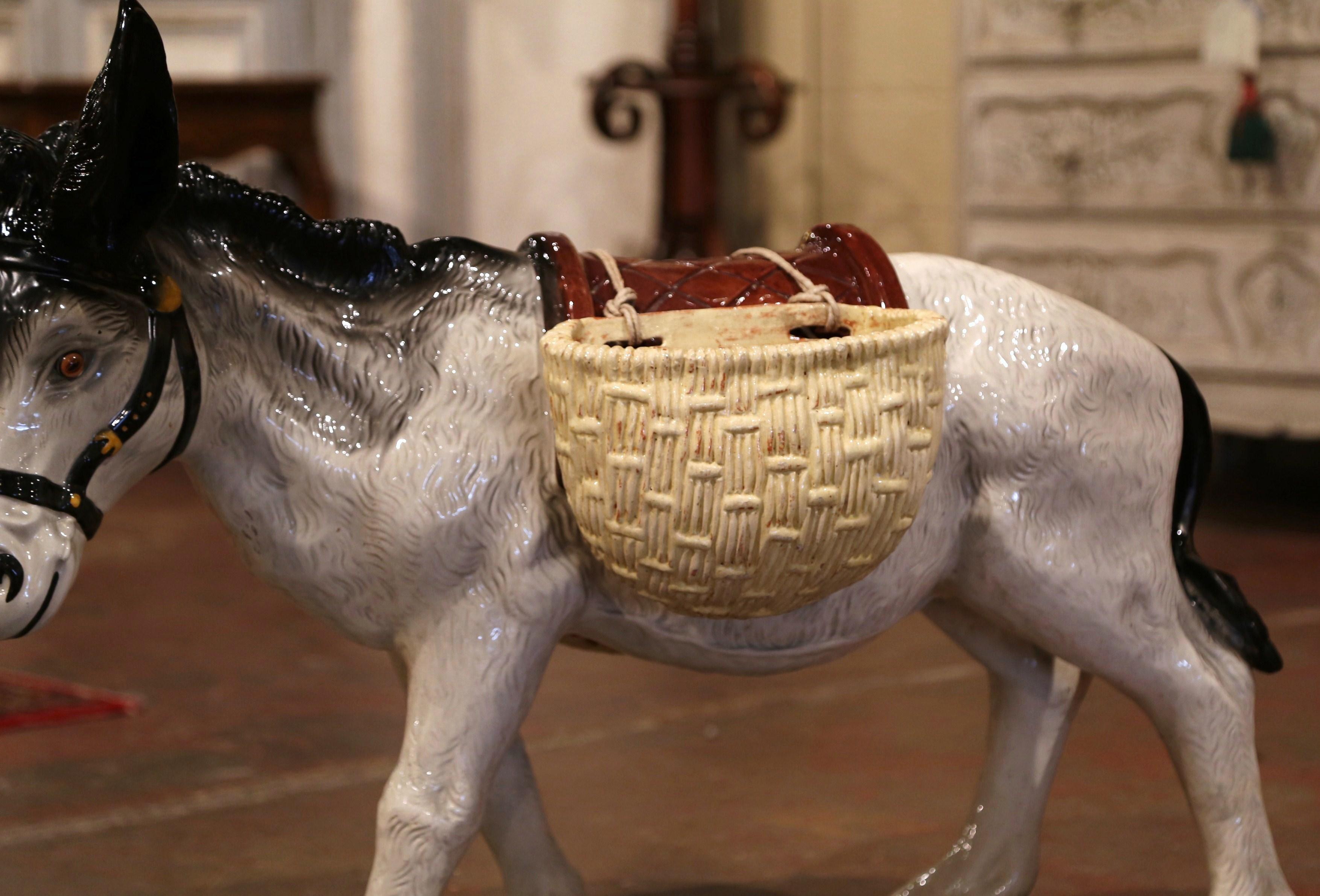 Mid-20th Century French Painted Ceramic Barbotine Donkey Sculpture In Excellent Condition In Dallas, TX