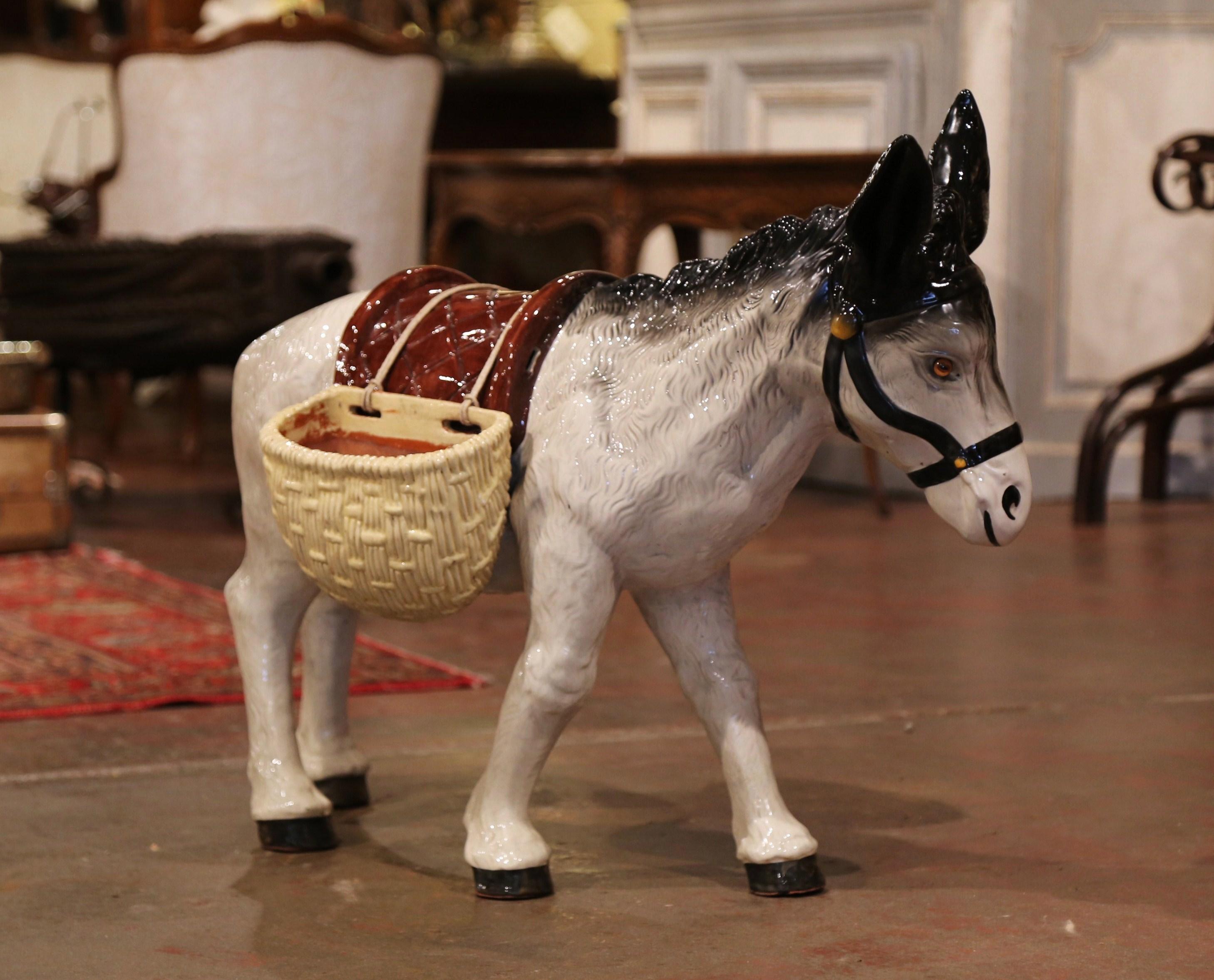 Mid-20th Century French Painted Ceramic Barbotine Donkey Sculpture 1