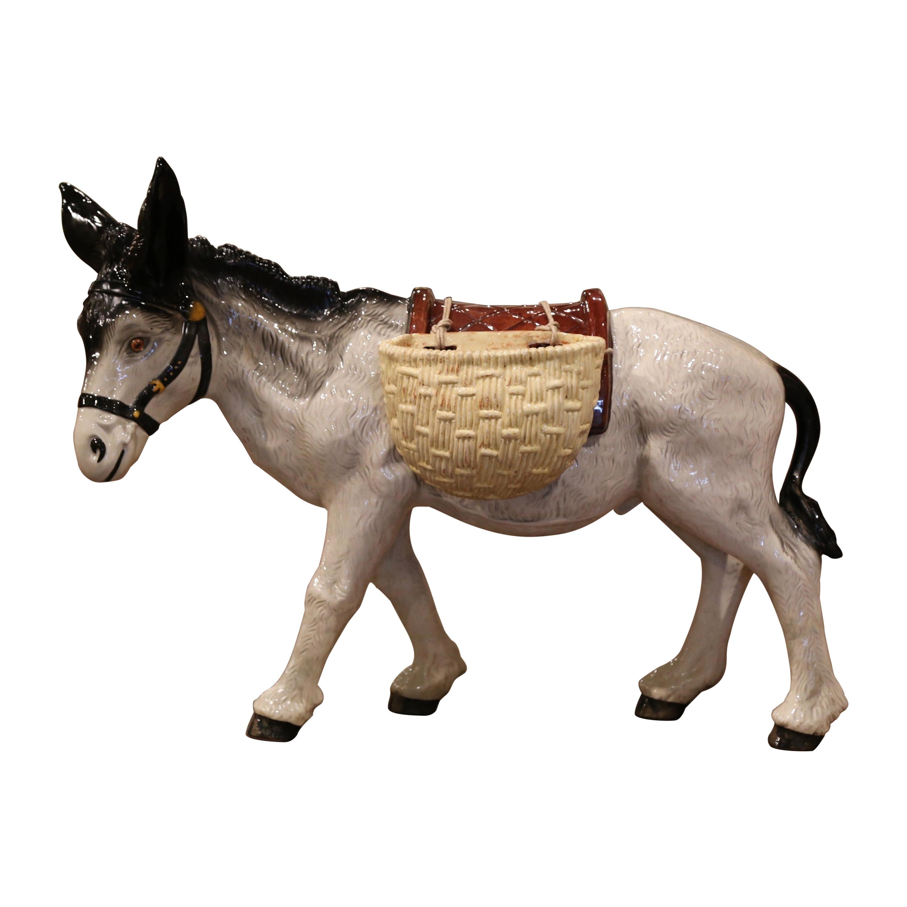 Mid-20th Century French Painted Ceramic Barbotine Donkey Sculpture