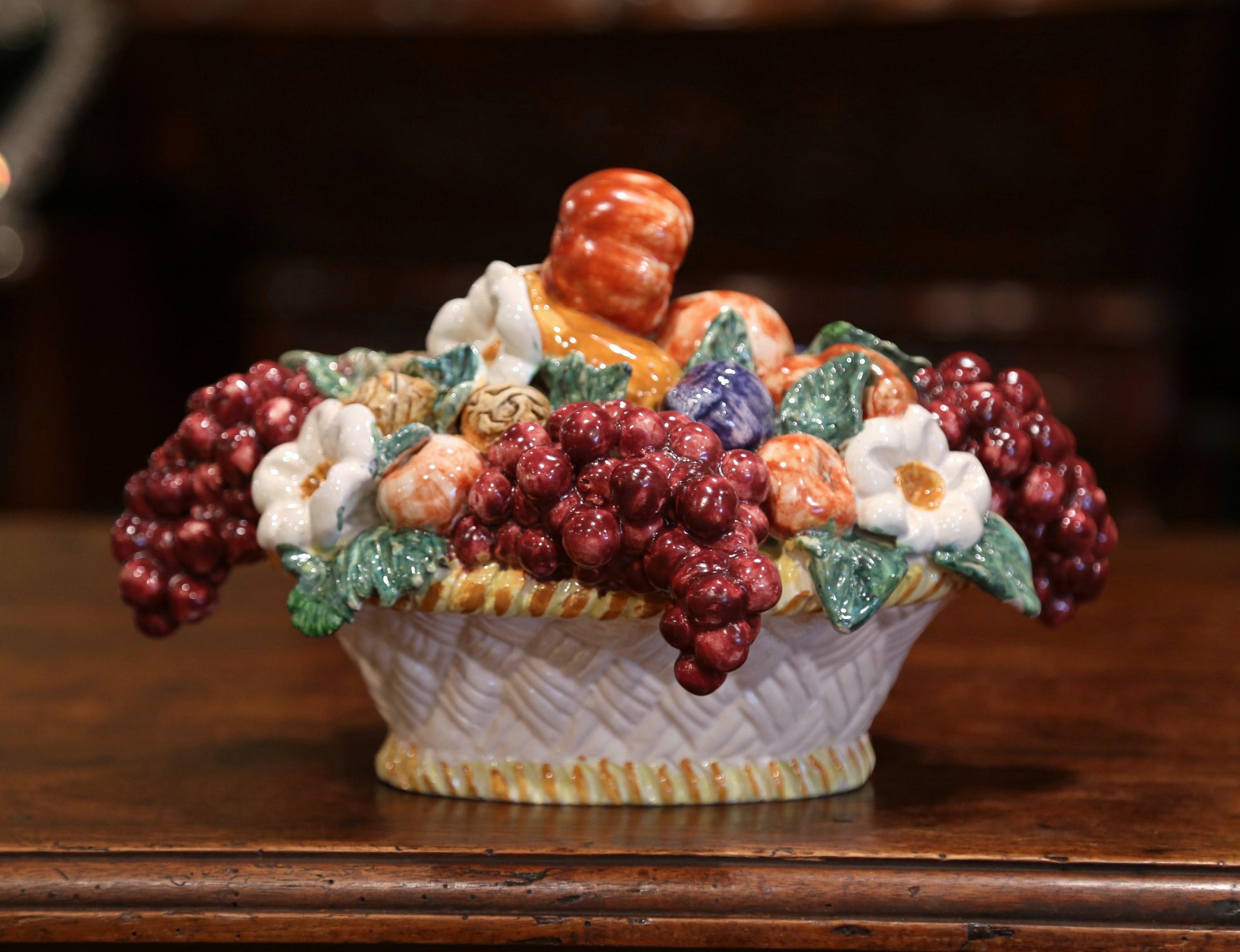 Mid-20th Century French Painted Ceramic Barbotine Fruit Basket Composition In Excellent Condition In Dallas, TX