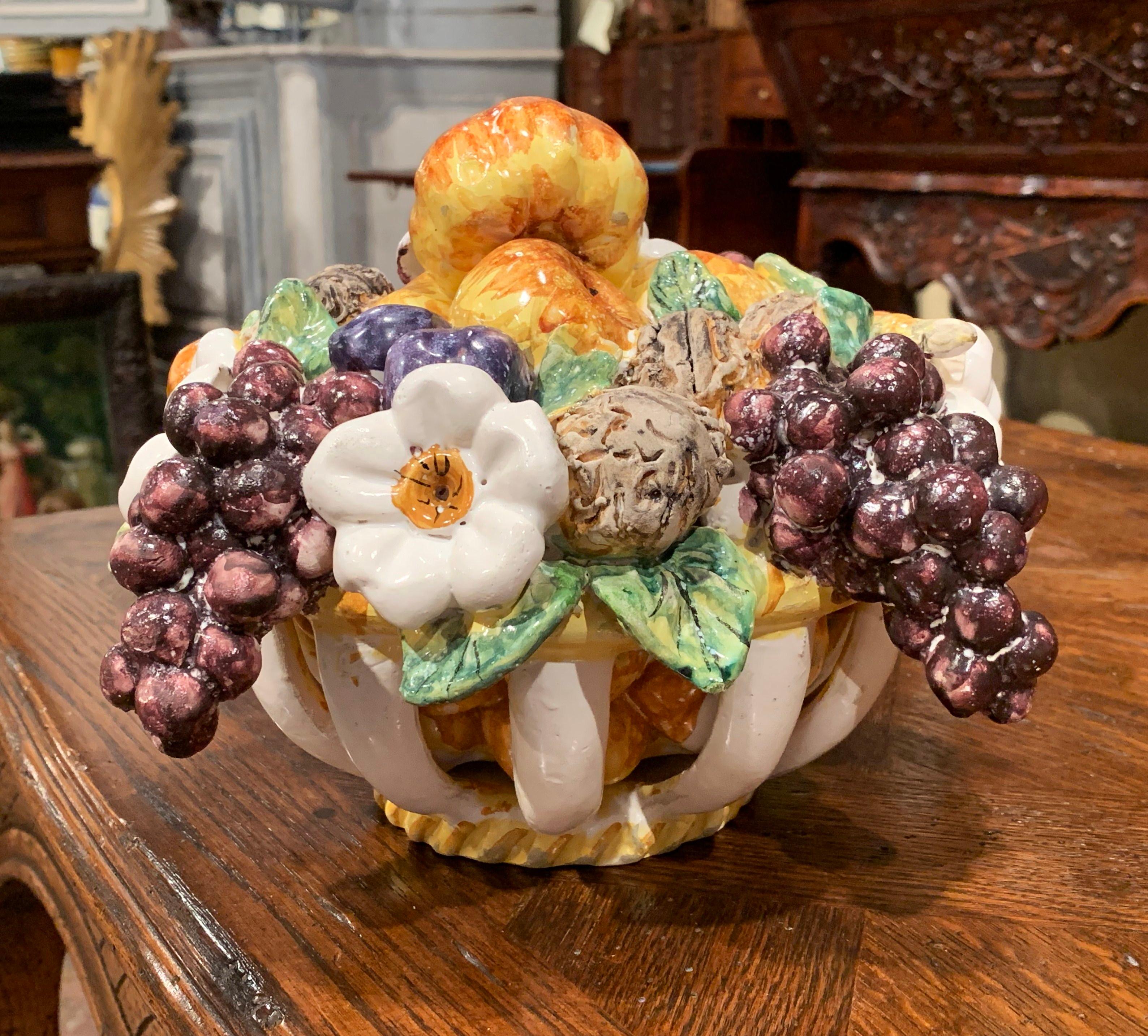 Mid-20th Century French Painted Ceramic Barbotine Fruit Basket Composition In Excellent Condition In Dallas, TX