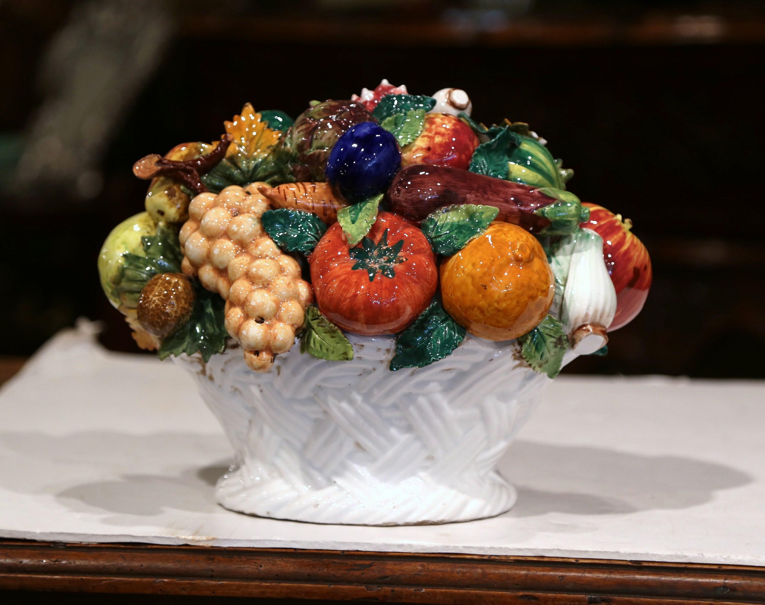 Hand-Crafted Mid-20th Century French Painted Ceramic Barbotine Fruit Basket Composition