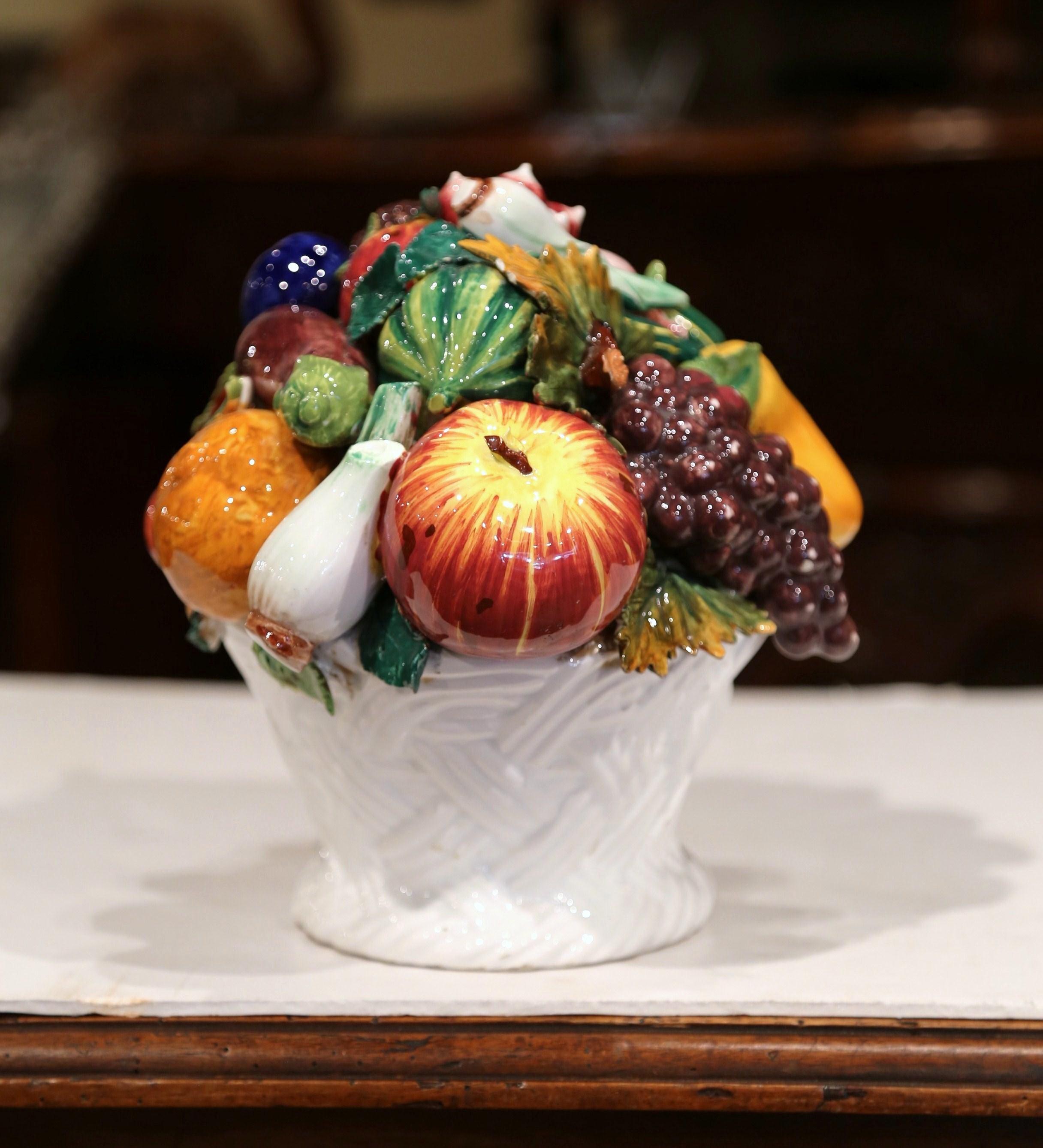 Mid-20th Century French Painted Ceramic Barbotine Fruit Basket Composition In Excellent Condition In Dallas, TX