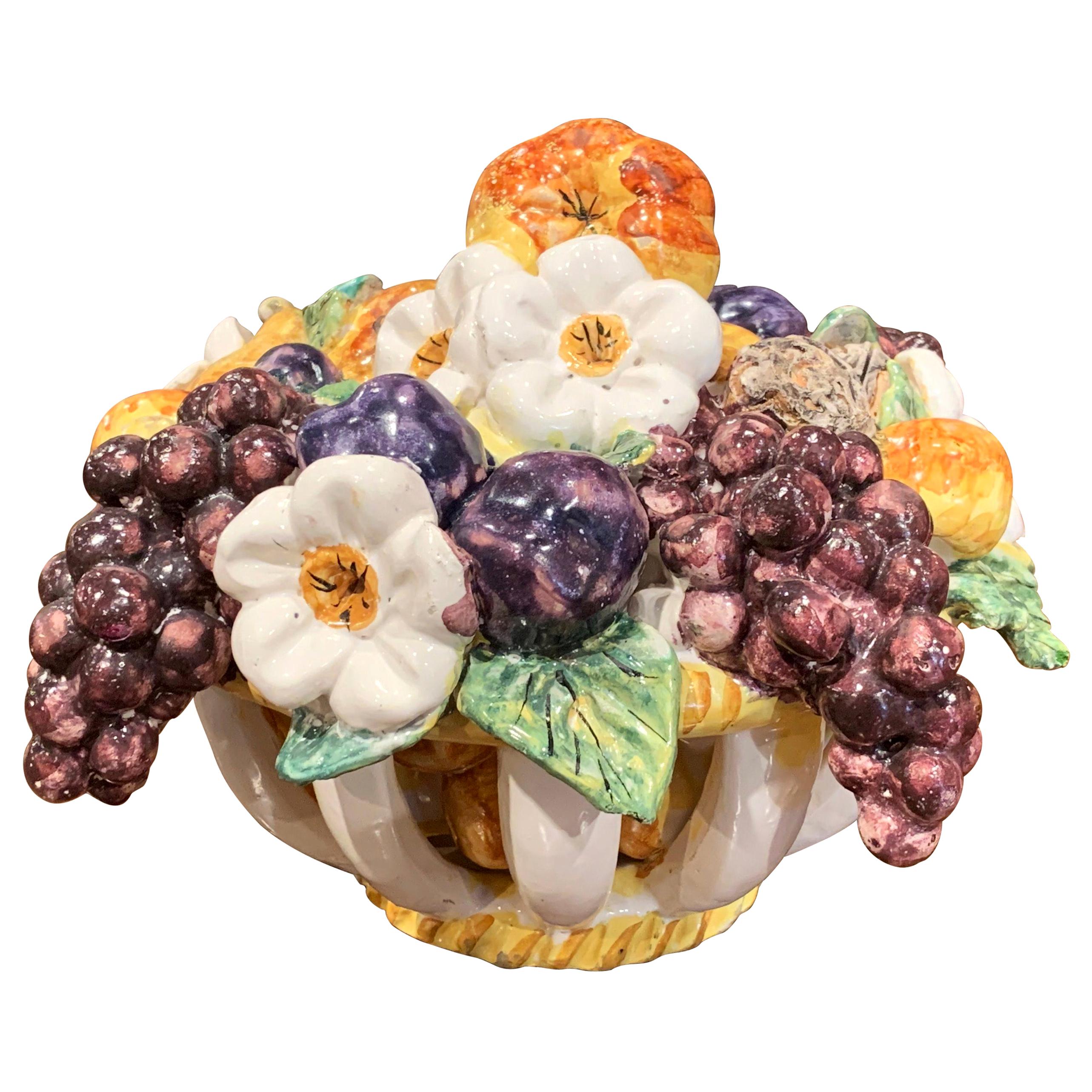 Mid-20th Century French Painted Ceramic Barbotine Fruit Basket Composition