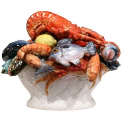 Mid-20th Century French Painted Ceramic Barbotine Seafood Basket Composition