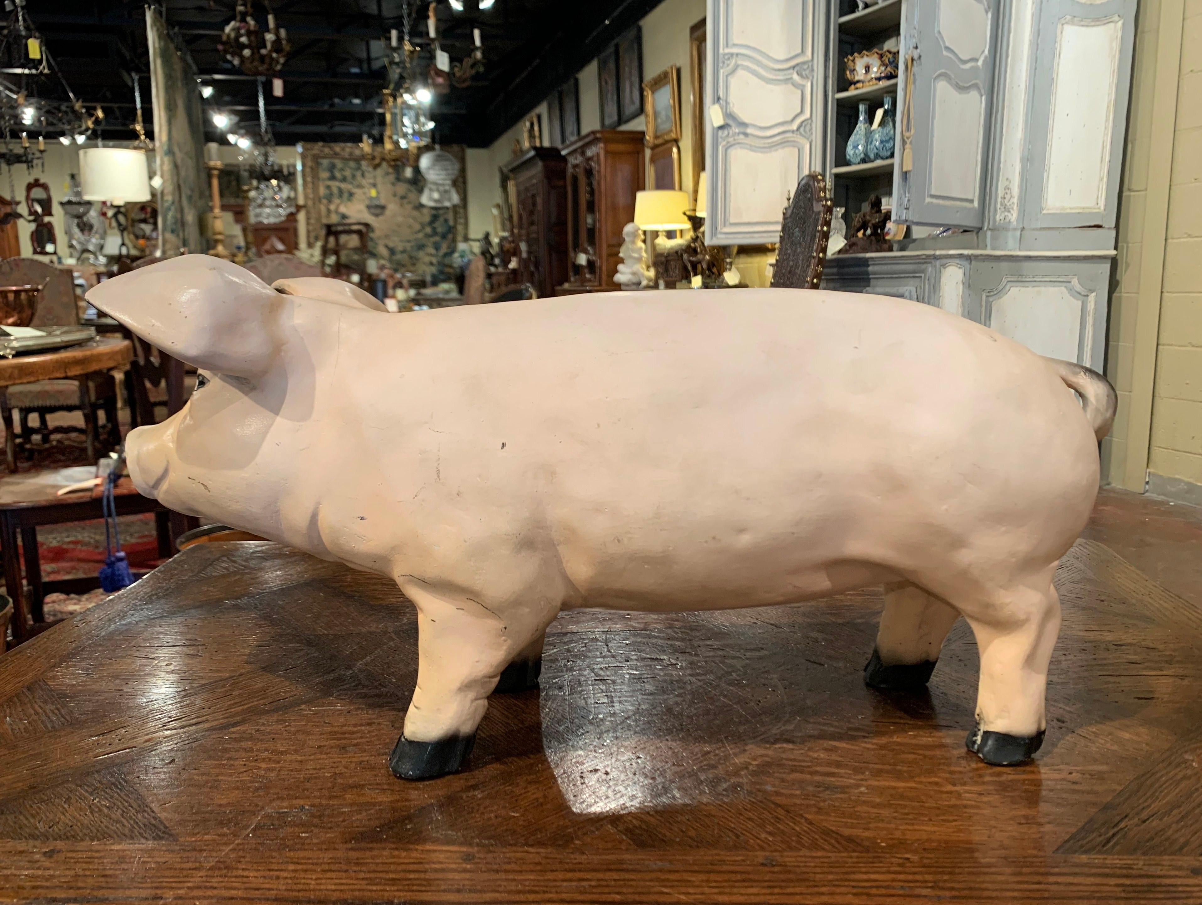 Hand-Painted Mid-20th Century French Painted Pig Sculpture