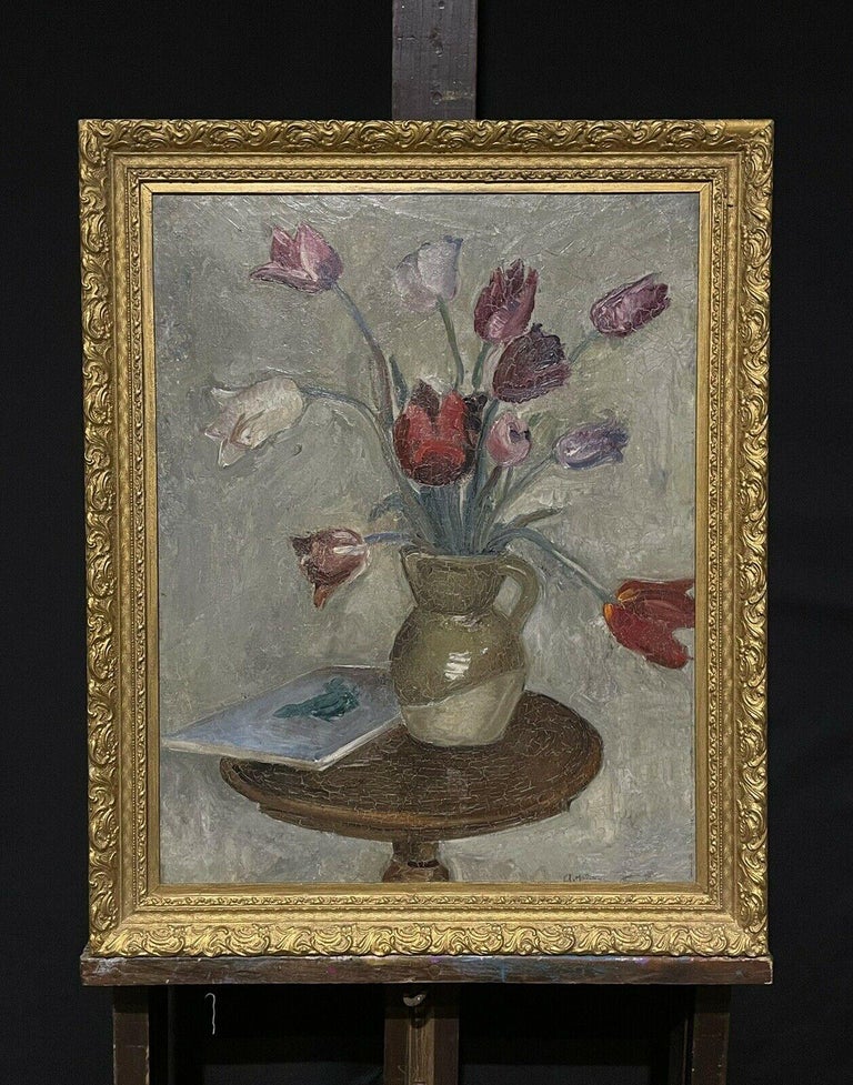 1950's French Signed Post-Impressionist Oil Tulips in Vase, Muted Earthy Colors - Painting by Mid 20th Century French