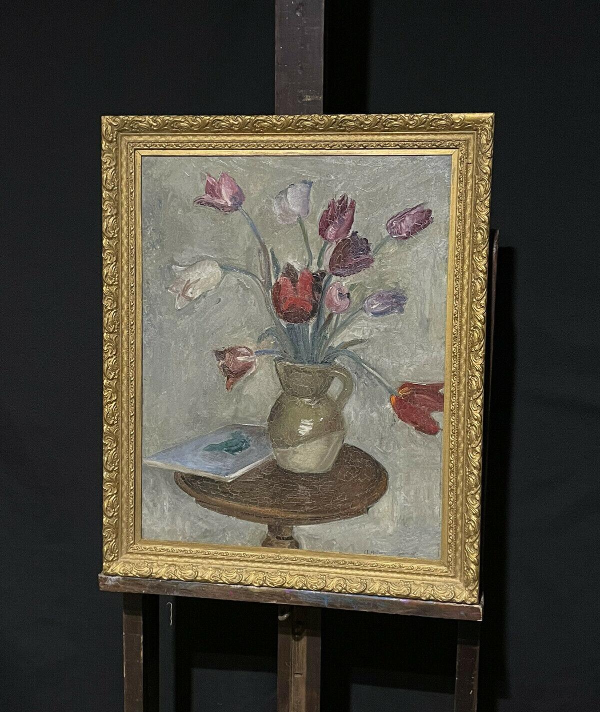 1950's French Signed Post-Impressionist Oil Tulips in Vase, Muted Earthy Colors - Gray Interior Painting by Mid 20th Century French
