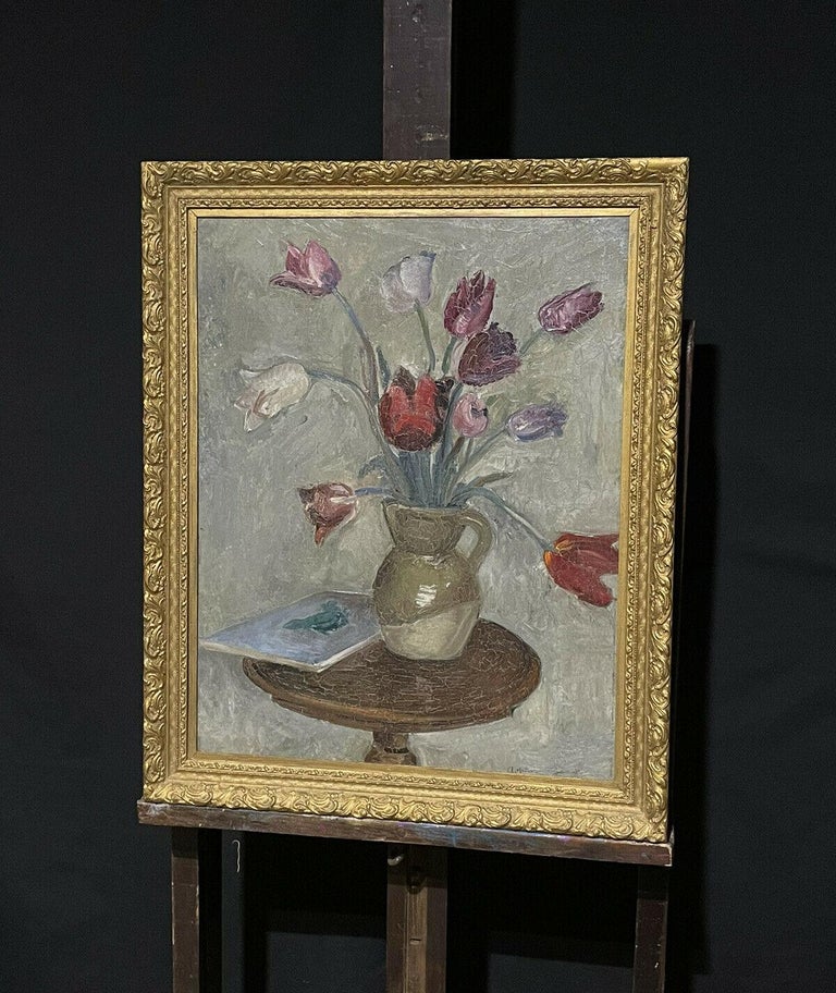 1950's French Signed Post-Impressionist Oil Tulips in Vase, Muted Earthy Colors - Gray Interior Painting by Mid 20th Century French