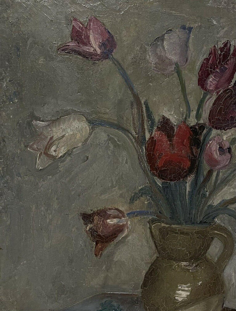 Artist/ School: French School, circa 1950's, signed lower corner

Title: Still life of tulips in earthy colored vase. 

Medium: signed oil painting on board, framed

Size:
           framed: 28.75 x 23.5 inches
          board: 25.5 x 19.75