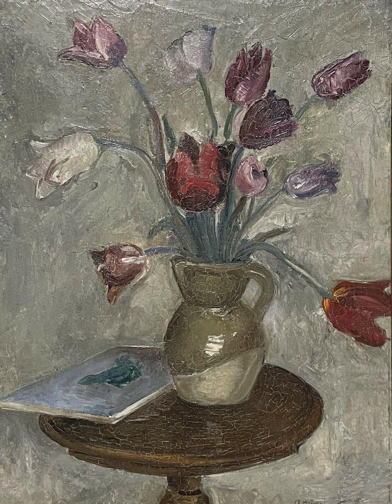 Mid 20th Century French Interior Painting - 1950's French Signed Post-Impressionist Oil Tulips in Vase, Muted Earthy Colors