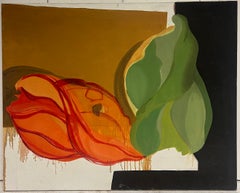Atmospheric Mid 20th Century French Abstract Oil Painting Moody Orange and Green