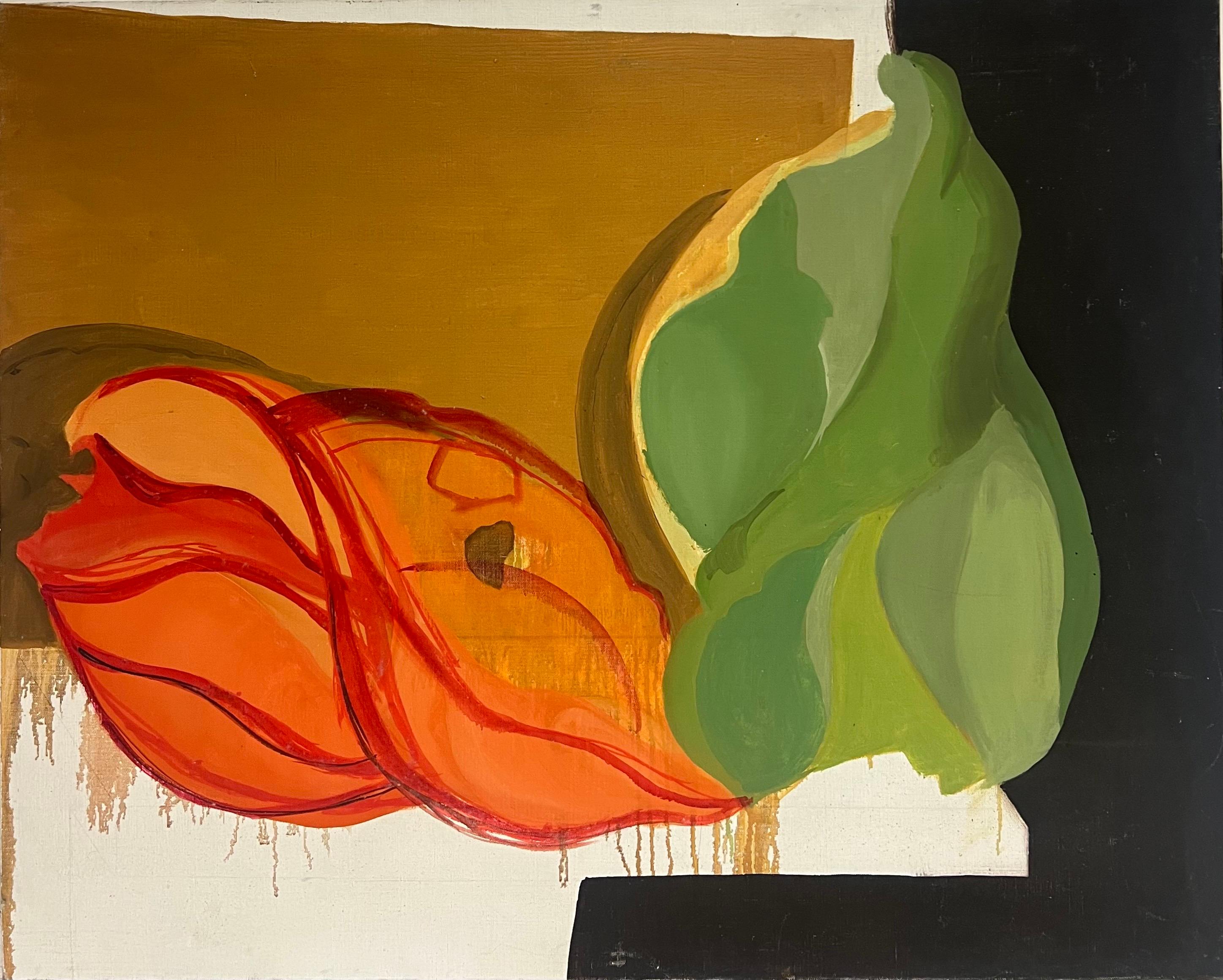 Mid 20th Century French Interior Painting – Stimmungsvolle abstrakte französische Ölmalerei aus der Mitte des 20. Jahrhunderts in stimmungsvollen Orange- und Grüntönen