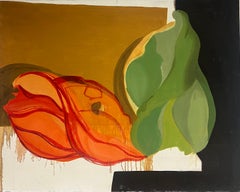 Atmospheric Mid 20th Century French Abstract Oil Painting Moody Orange and Green