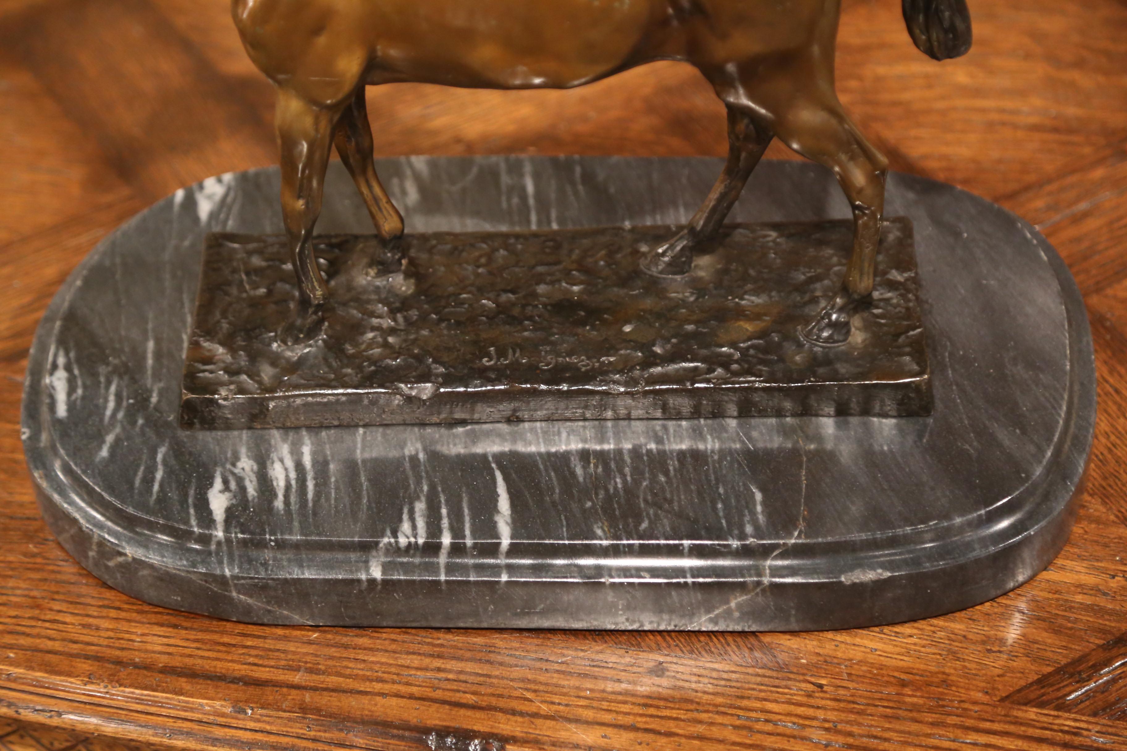 Hand-Carved Mid-20th Century French Patinated Bronze Horse on Marble Base after J. Moigniez