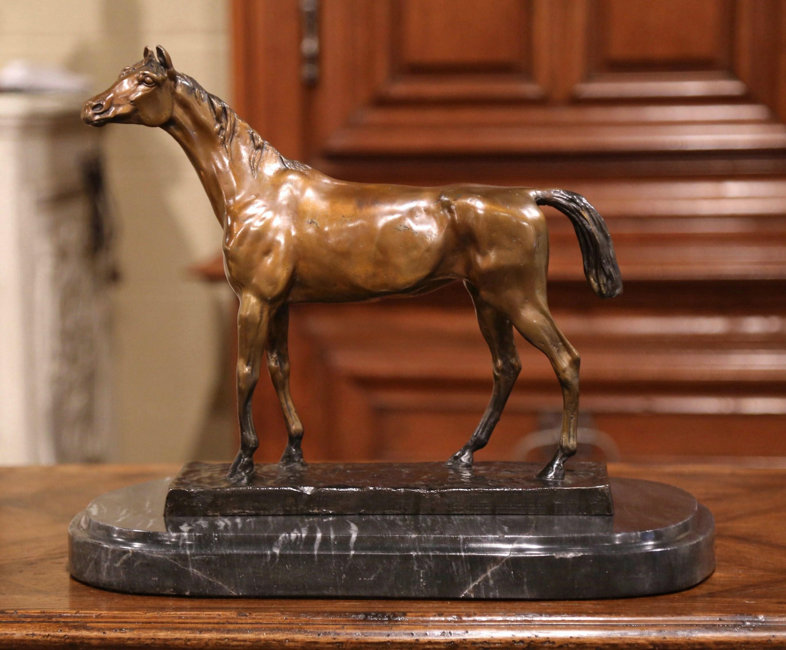 Mid-20th Century French Patinated Bronze Horse on Marble Base after J. Moigniez In Excellent Condition In Dallas, TX