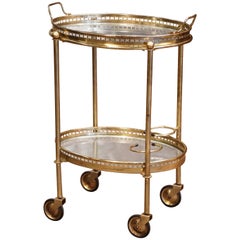 Mid 20th Century French Polished Brass Tray Top Service Bar Cart on Wheels