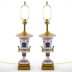 Mid-20th Century French Porcelain Urn-Shaped Table Lamps / Gilt Gold Accents