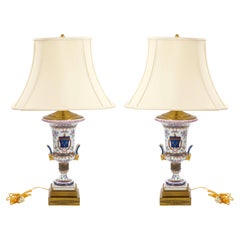 Mid-20th Century French Porcelain Urn-Shaped Table Lamps / Gilt Gold Accents