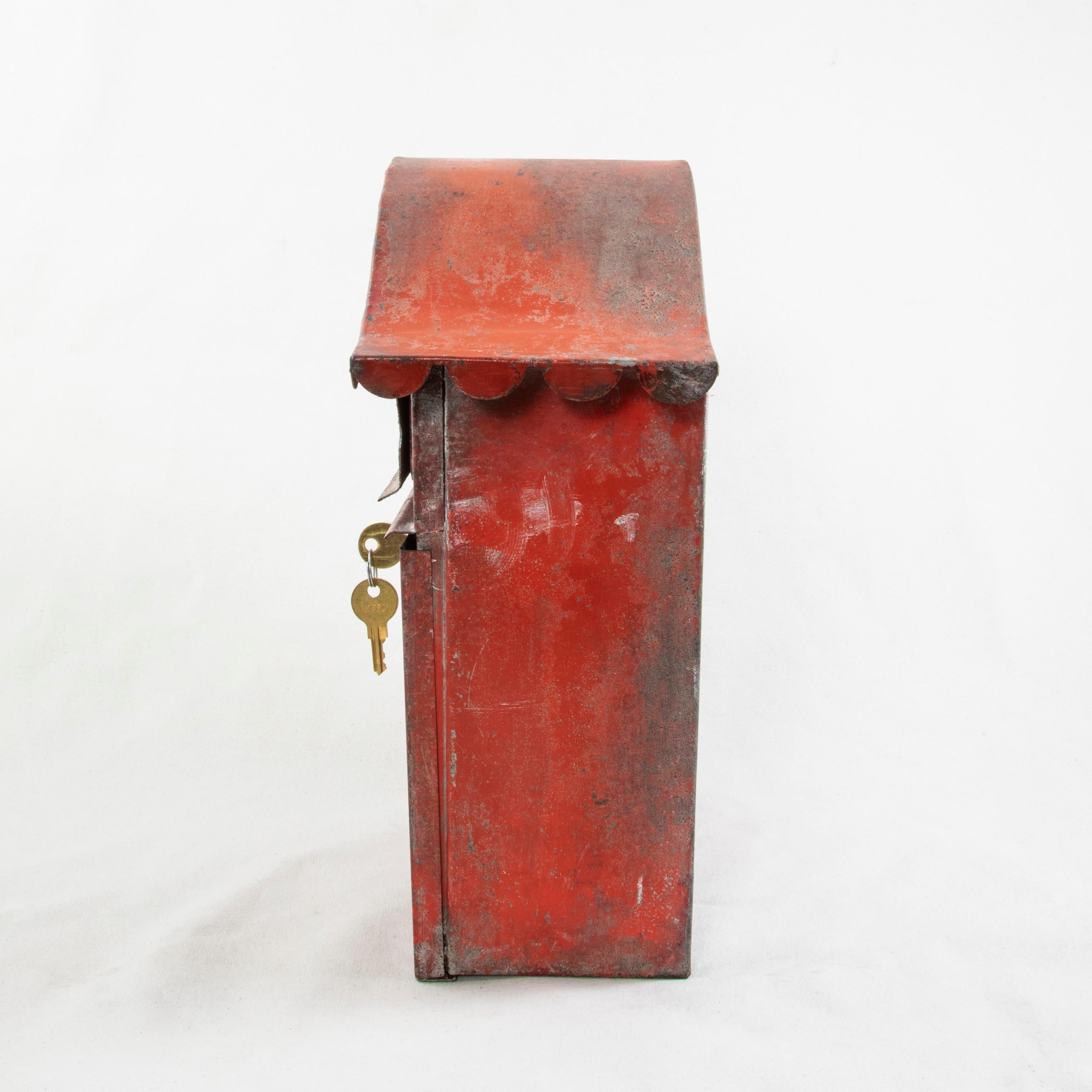 Painted Mid-20th Century French Red Metal Mailbox with Lock and Key
