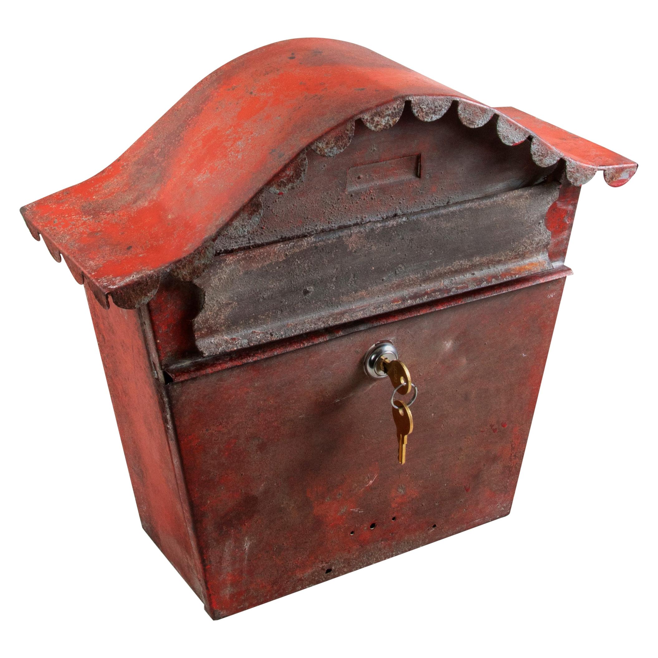 Mid-20th Century French Red Metal Mailbox with Lock and Key