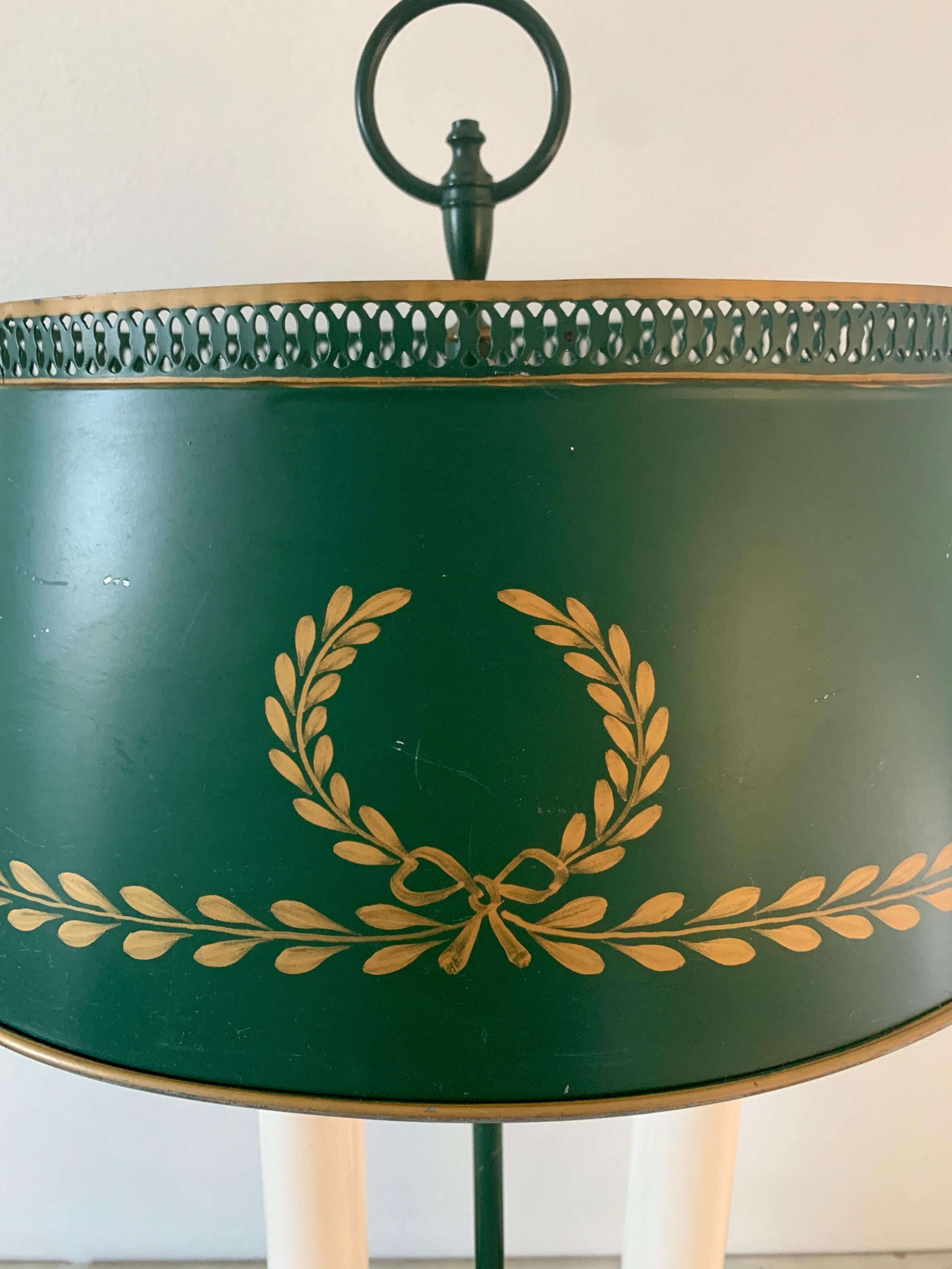 Neoclassical Mid-20th Century French Regency Green and Gold Tole Bouillotte Lamp For Sale