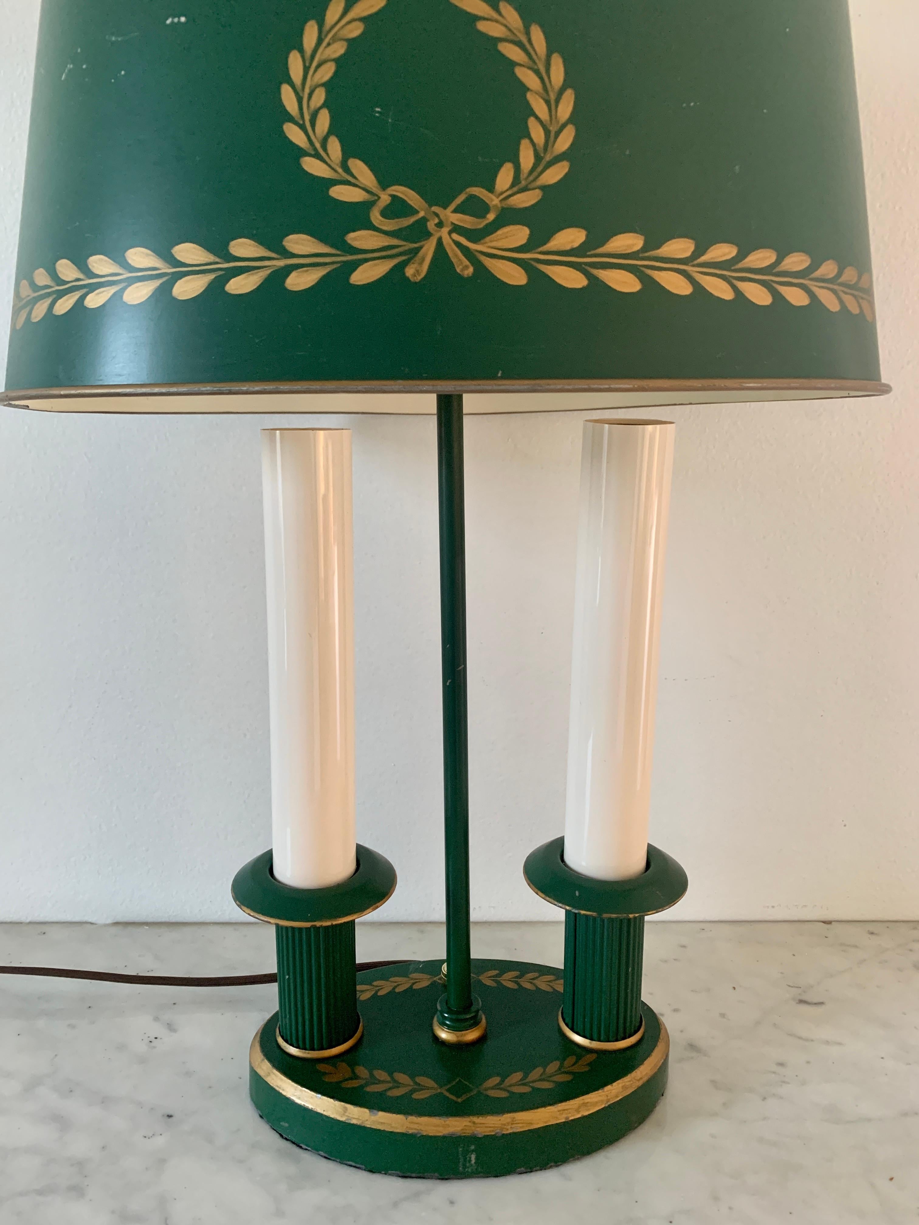American Mid-20th Century French Regency Green and Gold Tole Bouillotte Lamp For Sale