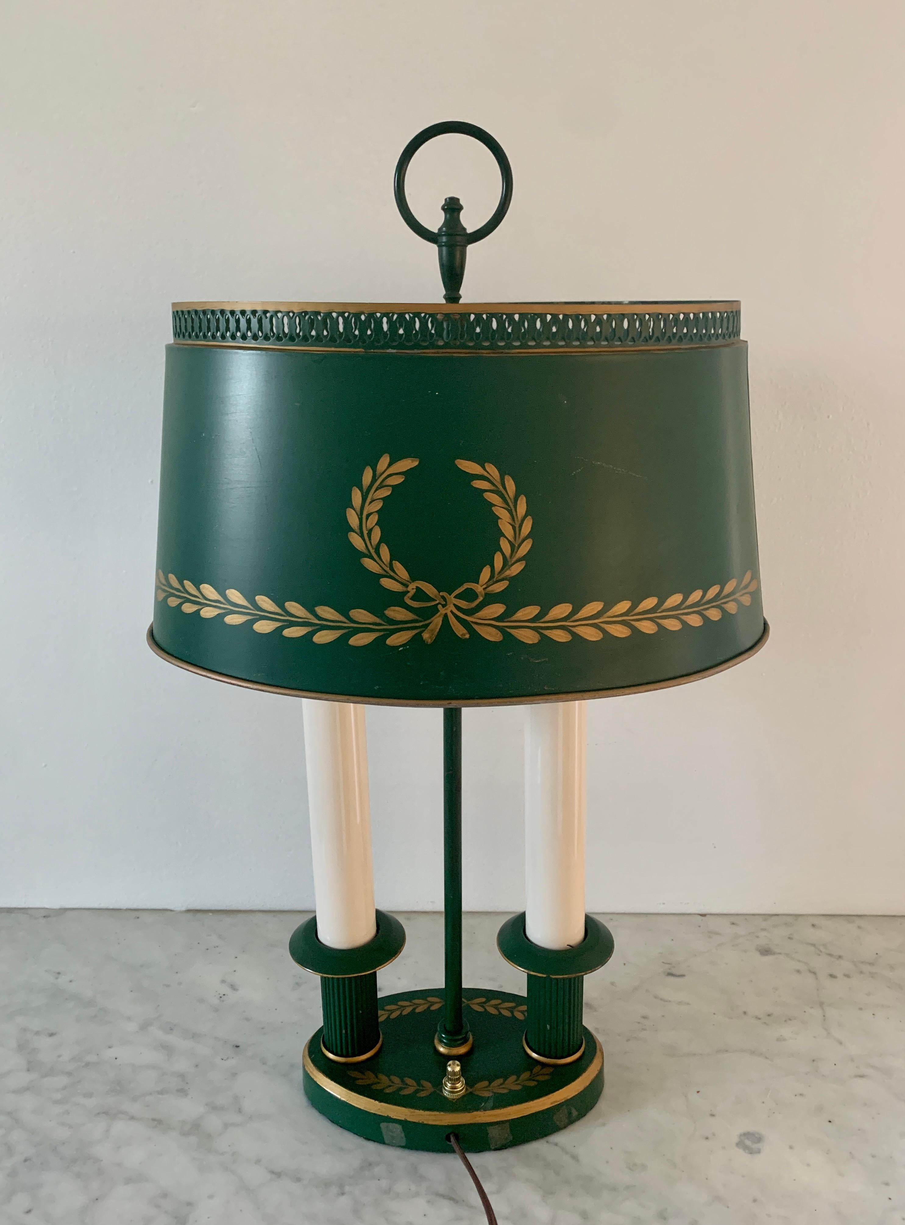 Mid-20th Century French Regency Green and Gold Tole Bouillotte Lamp 1