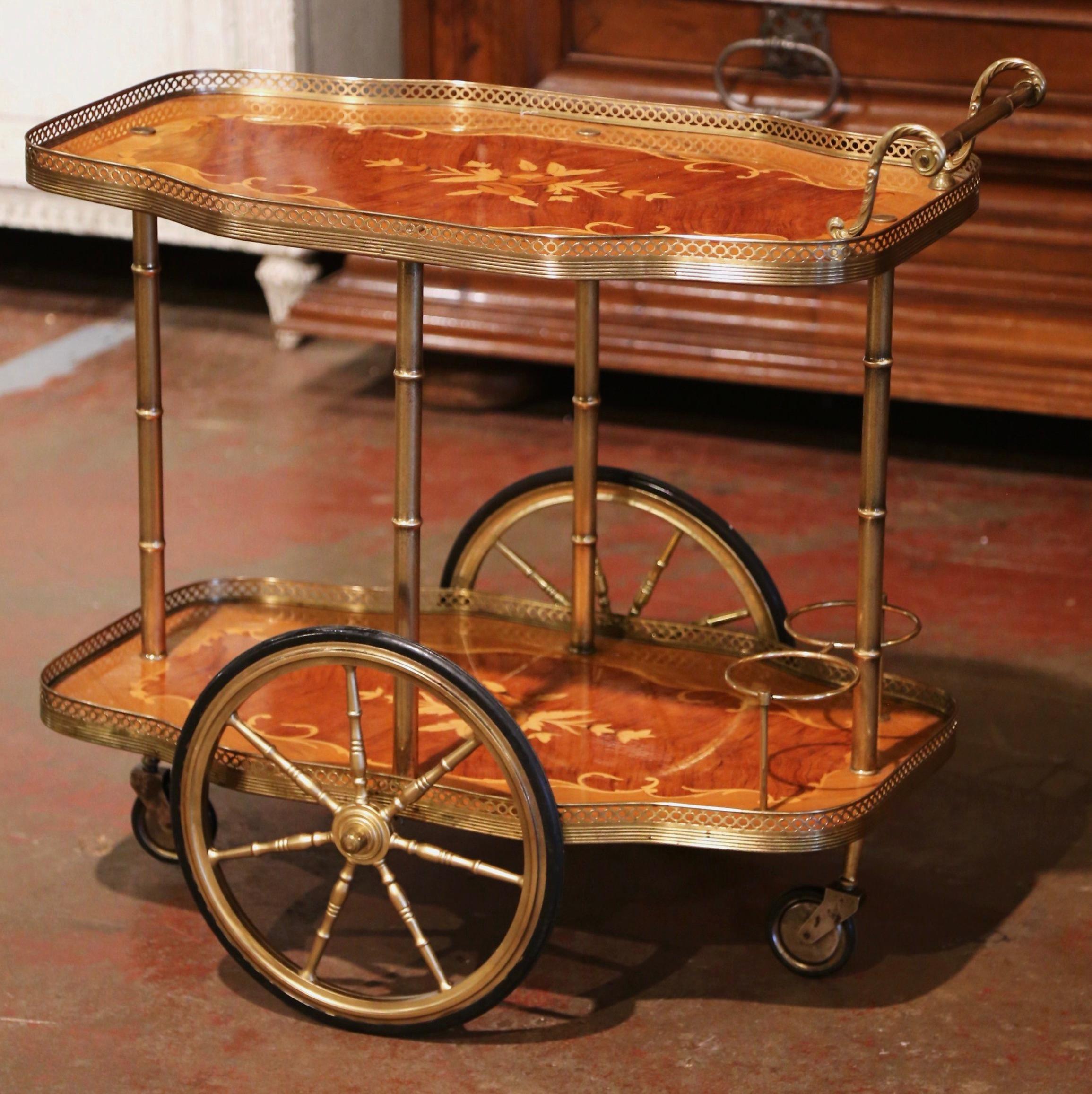 Mid-20th Century French Rosewood and Brass Tea Cart with Marquetry Inlaid Motifs 5