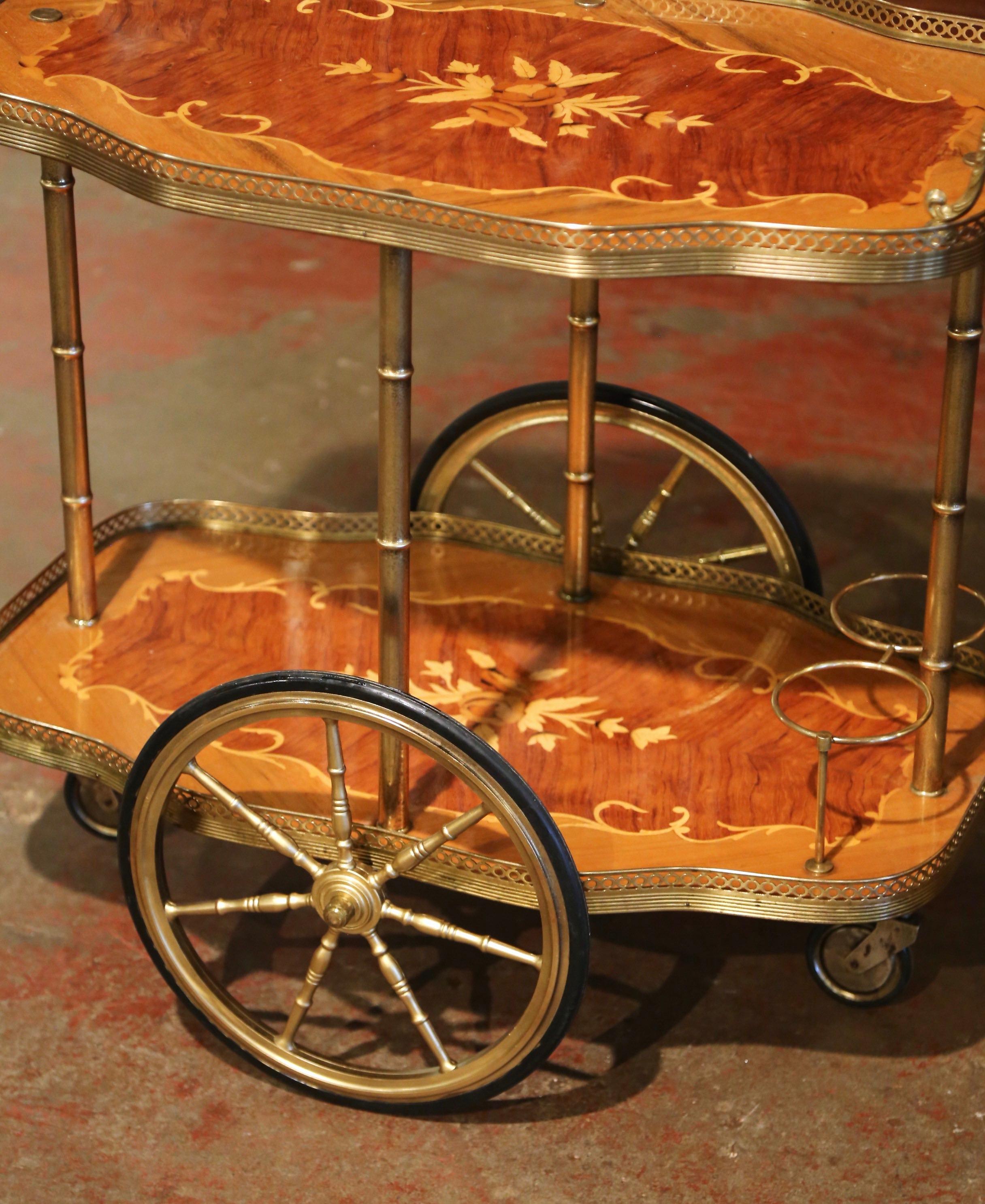 Mid-20th Century French Rosewood and Brass Tea Cart with Marquetry Inlaid Motifs 7